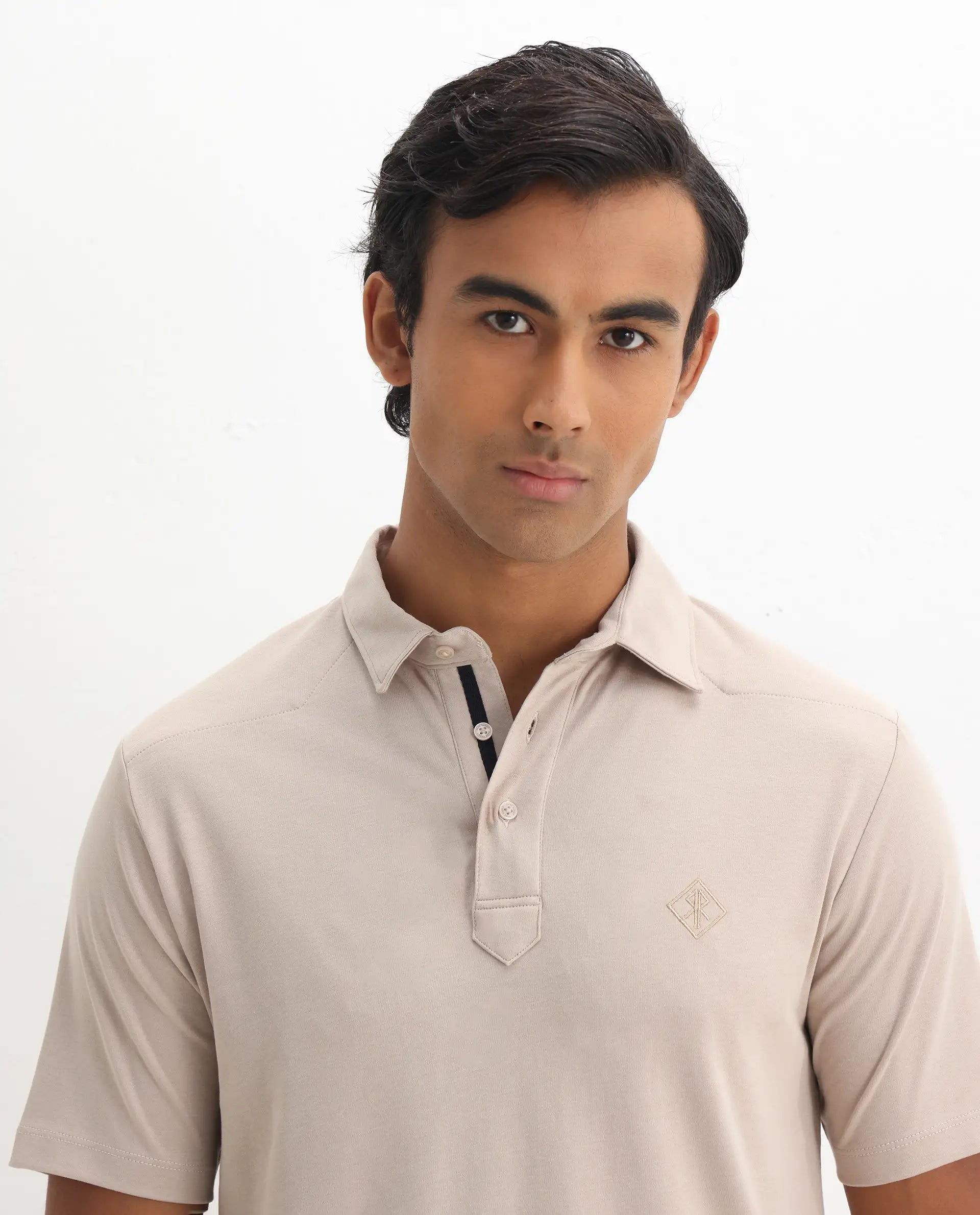 Rare Rabbit Men's Calix Beige Embroidered Regular Fit Half Sleeve Polo