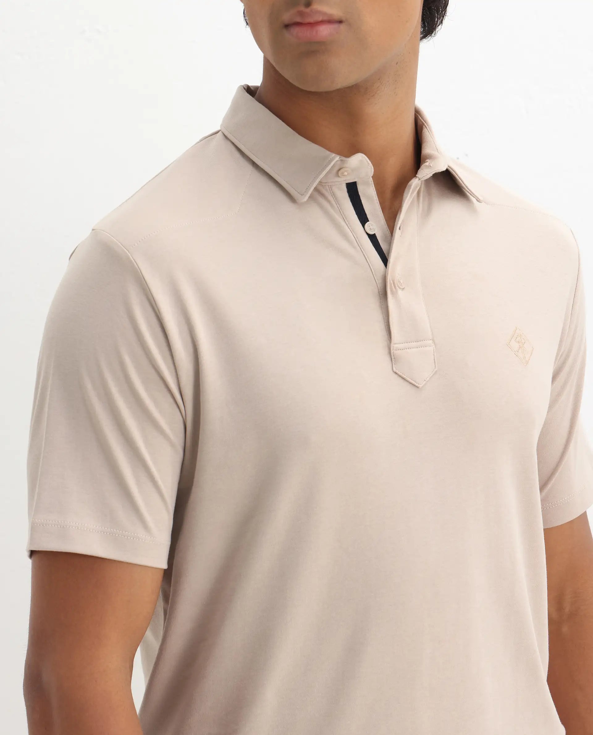 Rare Rabbit Men's Calix Beige Embroidered Regular Fit Half Sleeve Polo