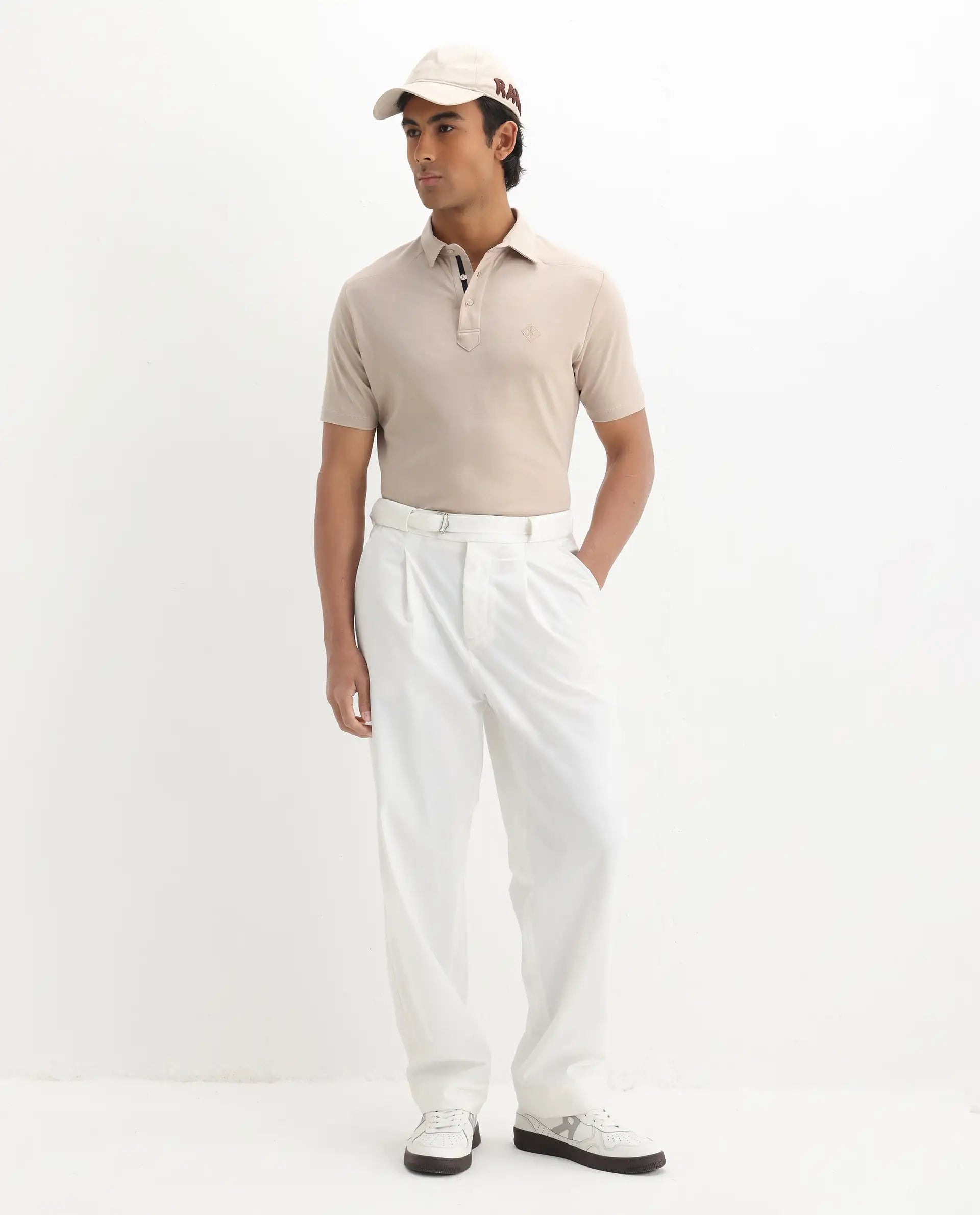 Rare Rabbit Men's Calix Beige Embroidered Regular Fit Half Sleeve Polo