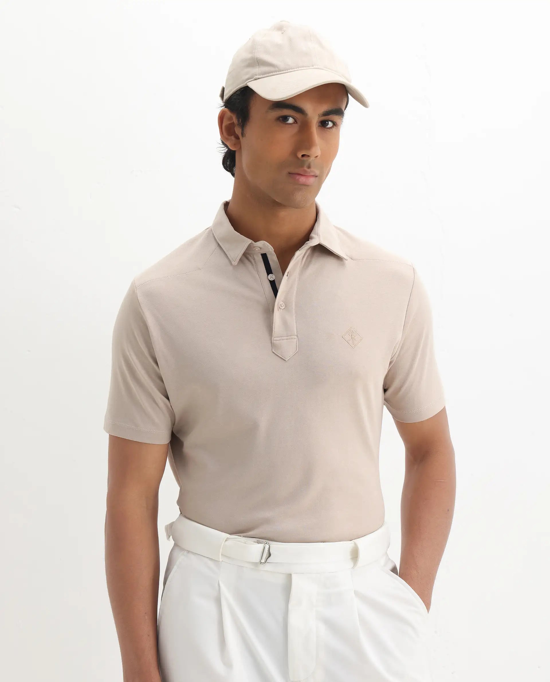 Rare Rabbit Men's Calix Beige Embroidered Regular Fit Half Sleeve Polo