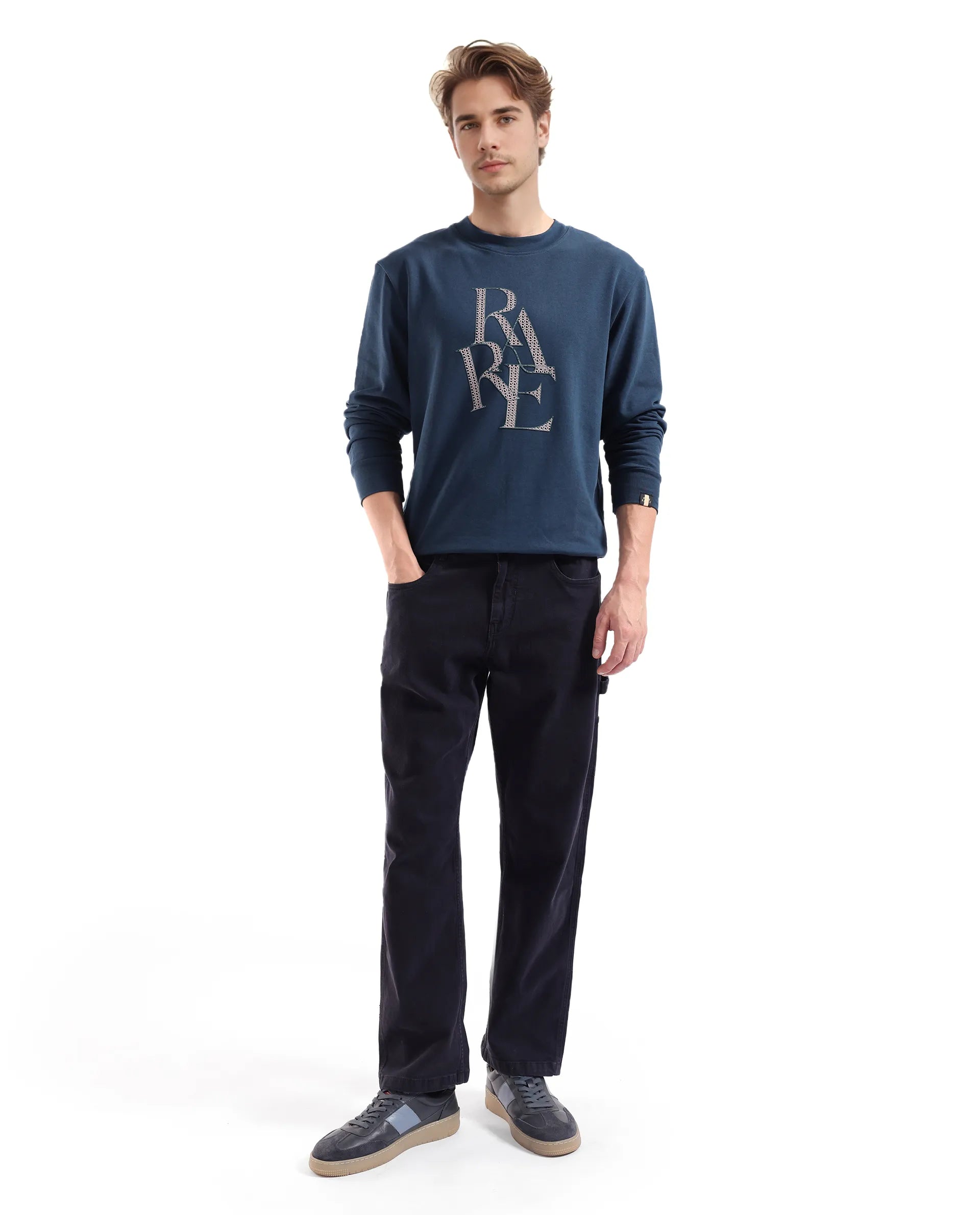 Rare Rabbit Men's Calixer Dark Green Cotton Blend Fabric Full Sleeve Crew Neck Sweatshirt