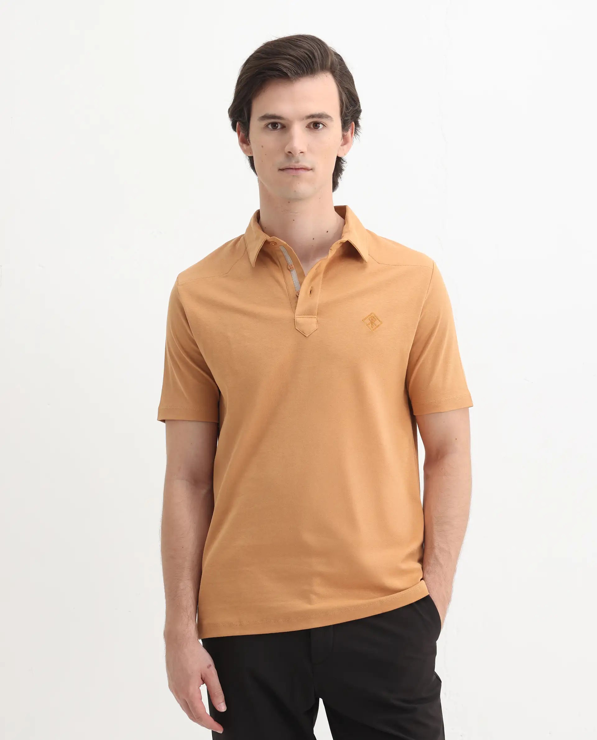 Rare Rabbit Men's Calix Mustard Cotton Embroidered Regular Fit Half Sleeve Polo