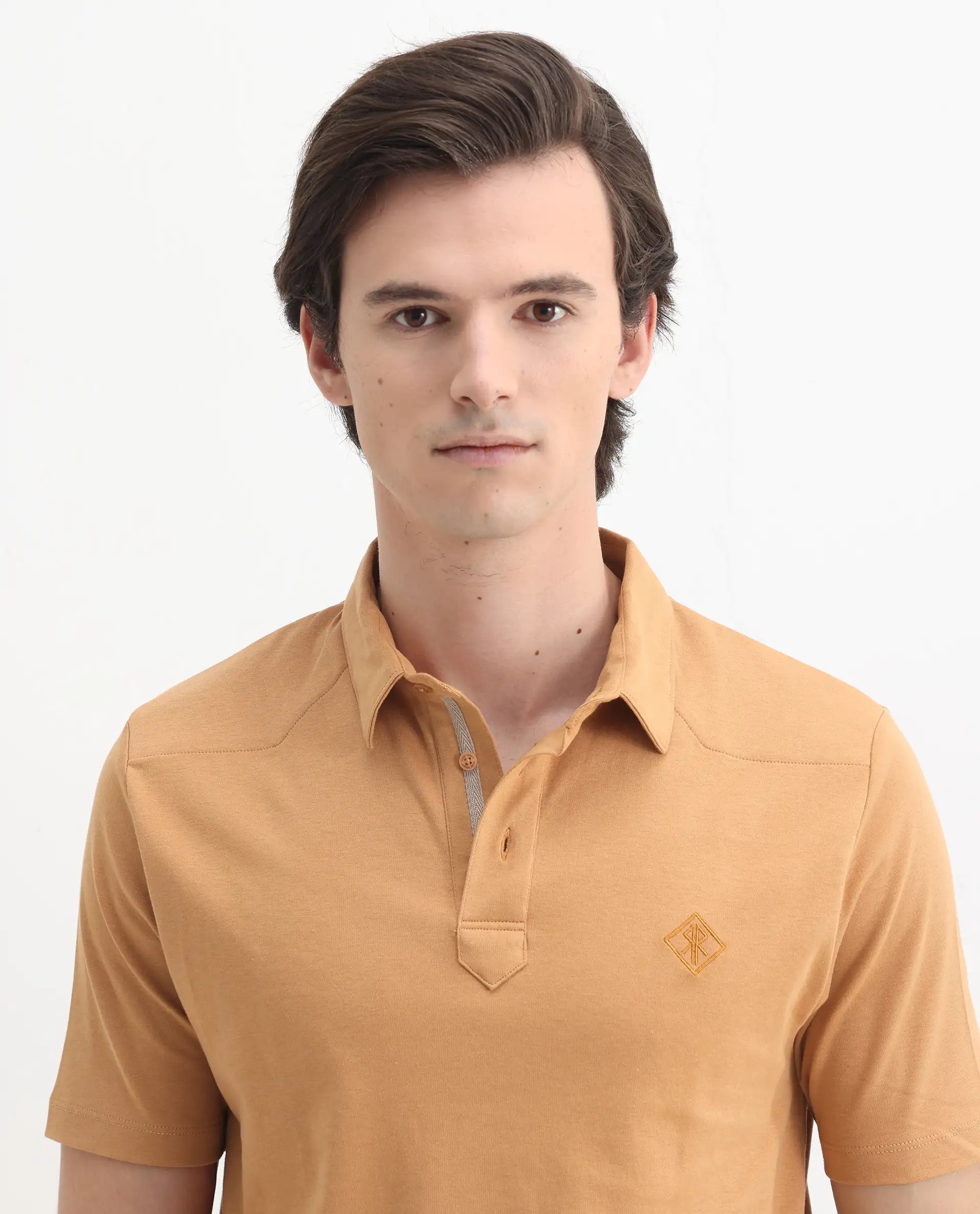 Rare Rabbit Men's Calix Mustard Cotton Embroidered Regular Fit Half Sleeve Polo