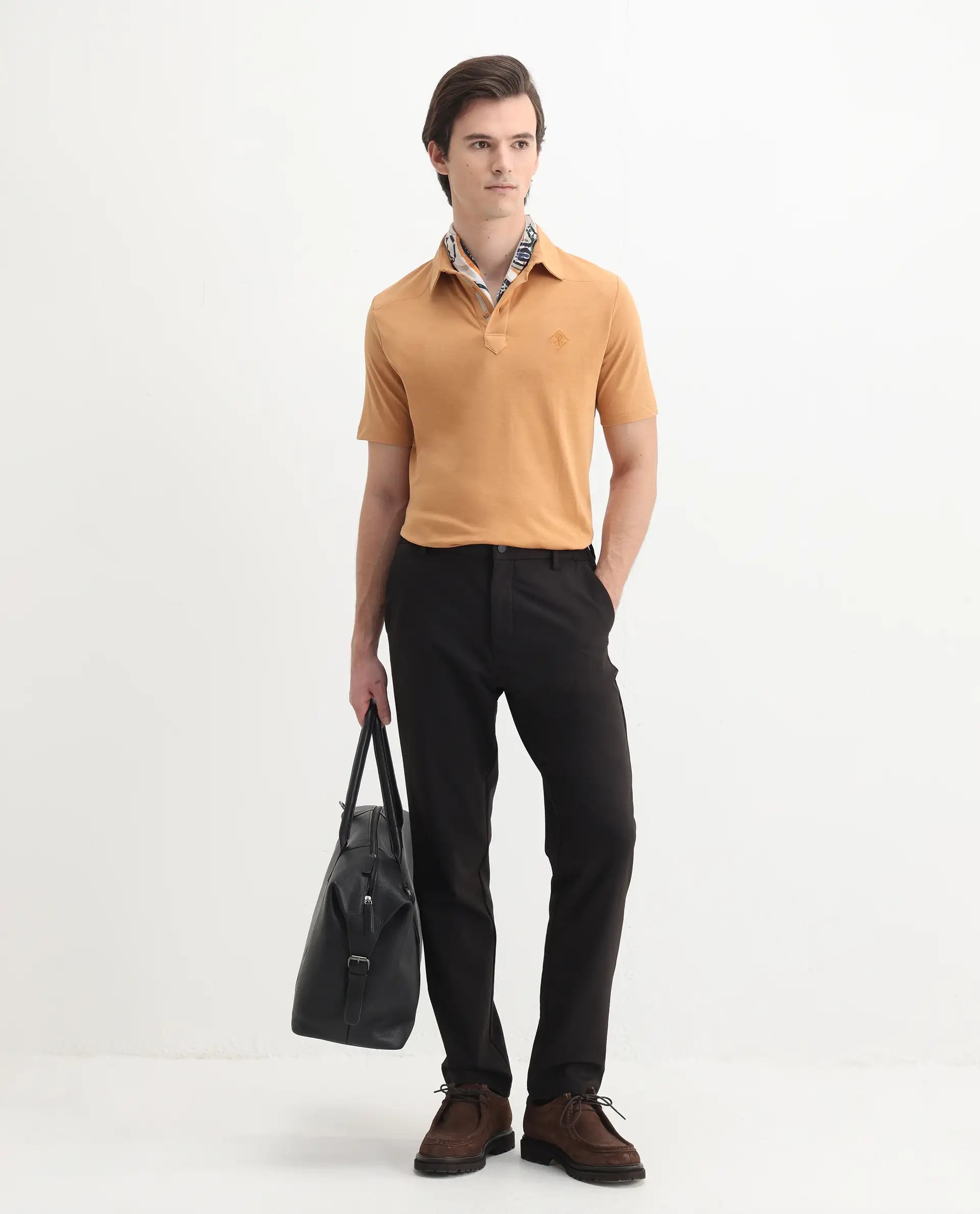 Rare Rabbit Men's Calix Mustard Cotton Embroidered Regular Fit Half Sleeve Polo