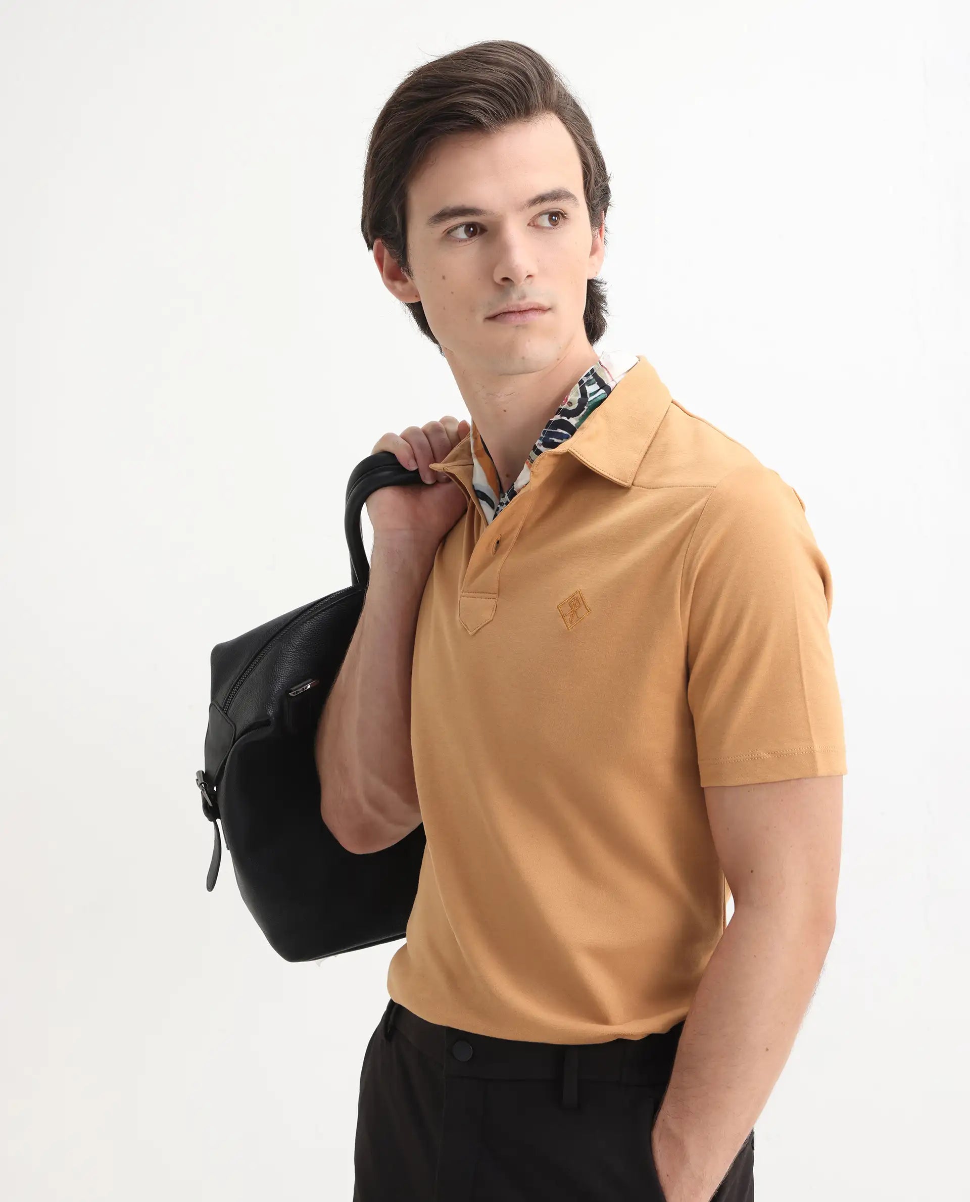 Rare Rabbit Men's Calix Mustard Cotton Embroidered Regular Fit Half Sleeve Polo