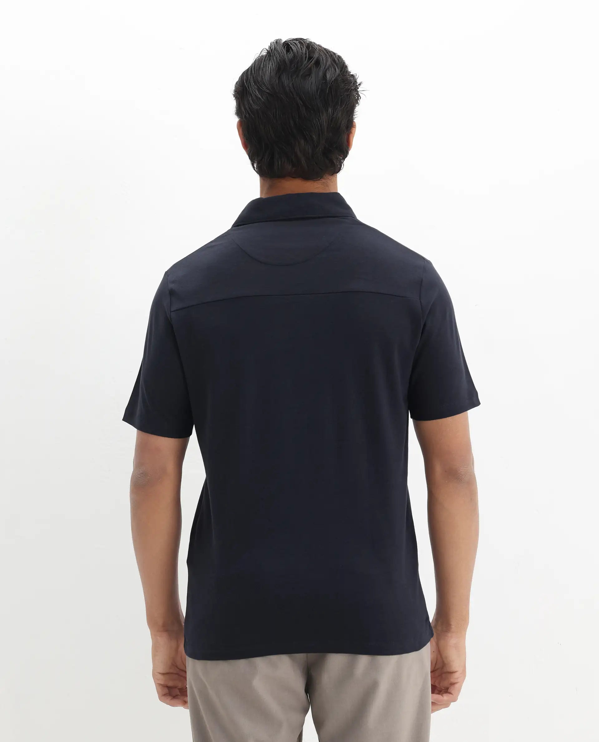 Rare Rabbit Men's Calix Navy Cotton Embroidered Regular Fit Half Sleeve Polo