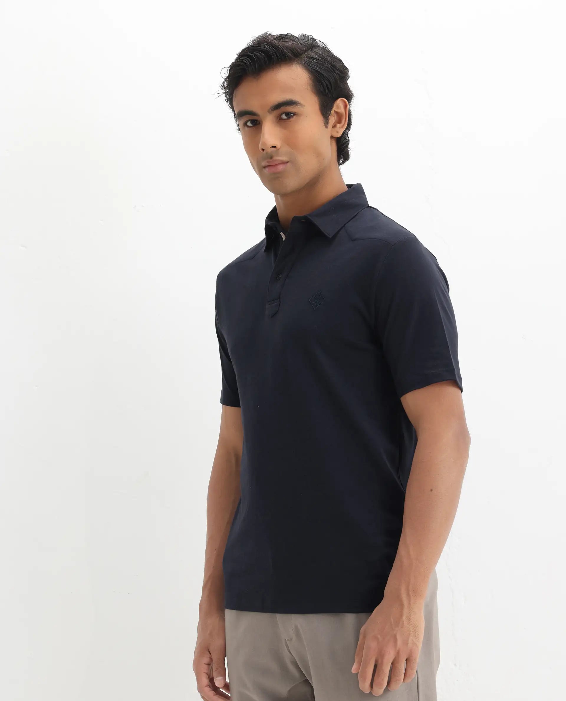 Rare Rabbit Men's Calix Navy Cotton Embroidered Regular Fit Half Sleeve Polo