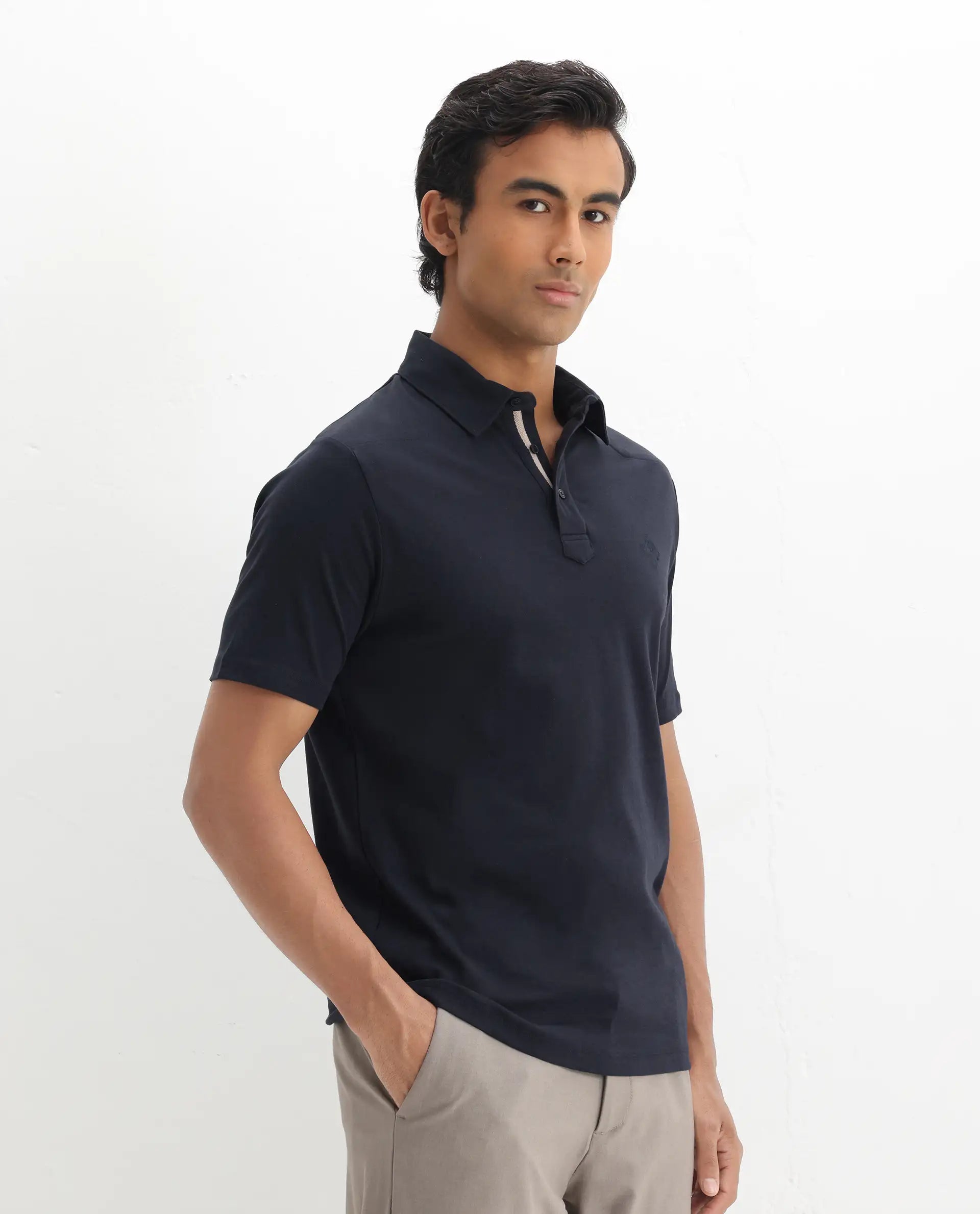 Rare Rabbit Men's Calix Navy Cotton Embroidered Regular Fit Half Sleeve Polo