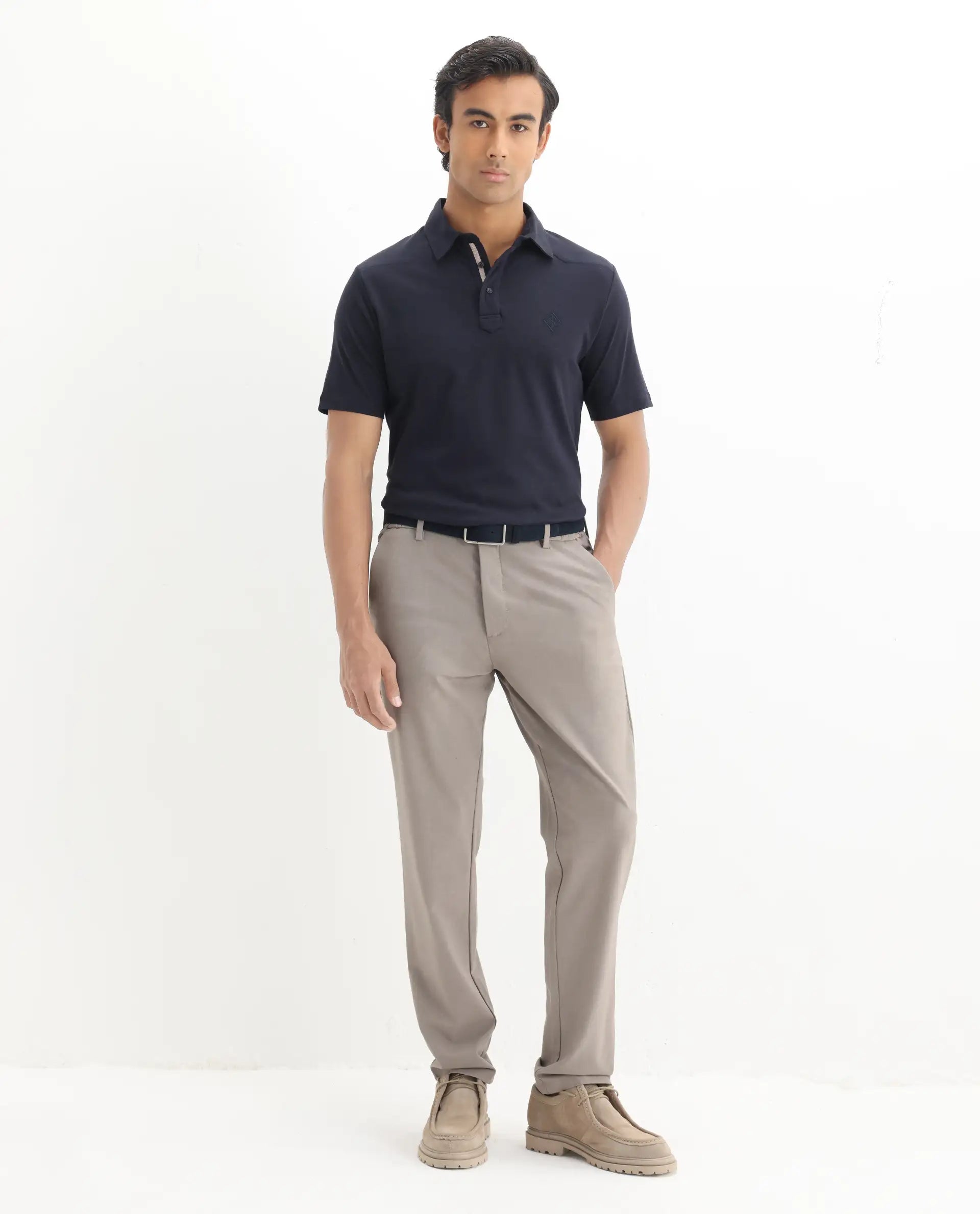 Rare Rabbit Men's Calix Navy Cotton Embroidered Regular Fit Half Sleeve Polo