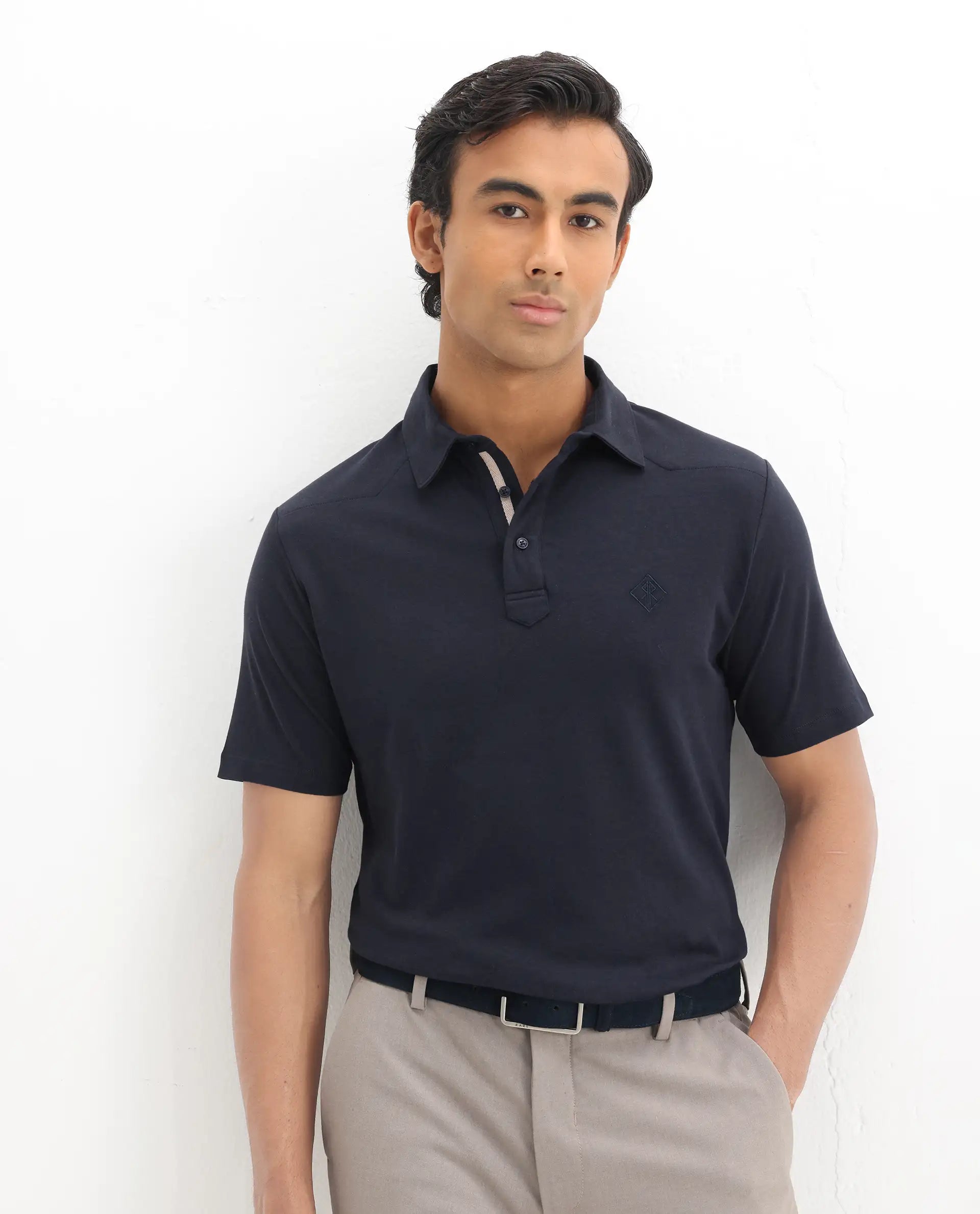 Rare Rabbit Men's Calix Navy Cotton Embroidered Regular Fit Half Sleeve Polo