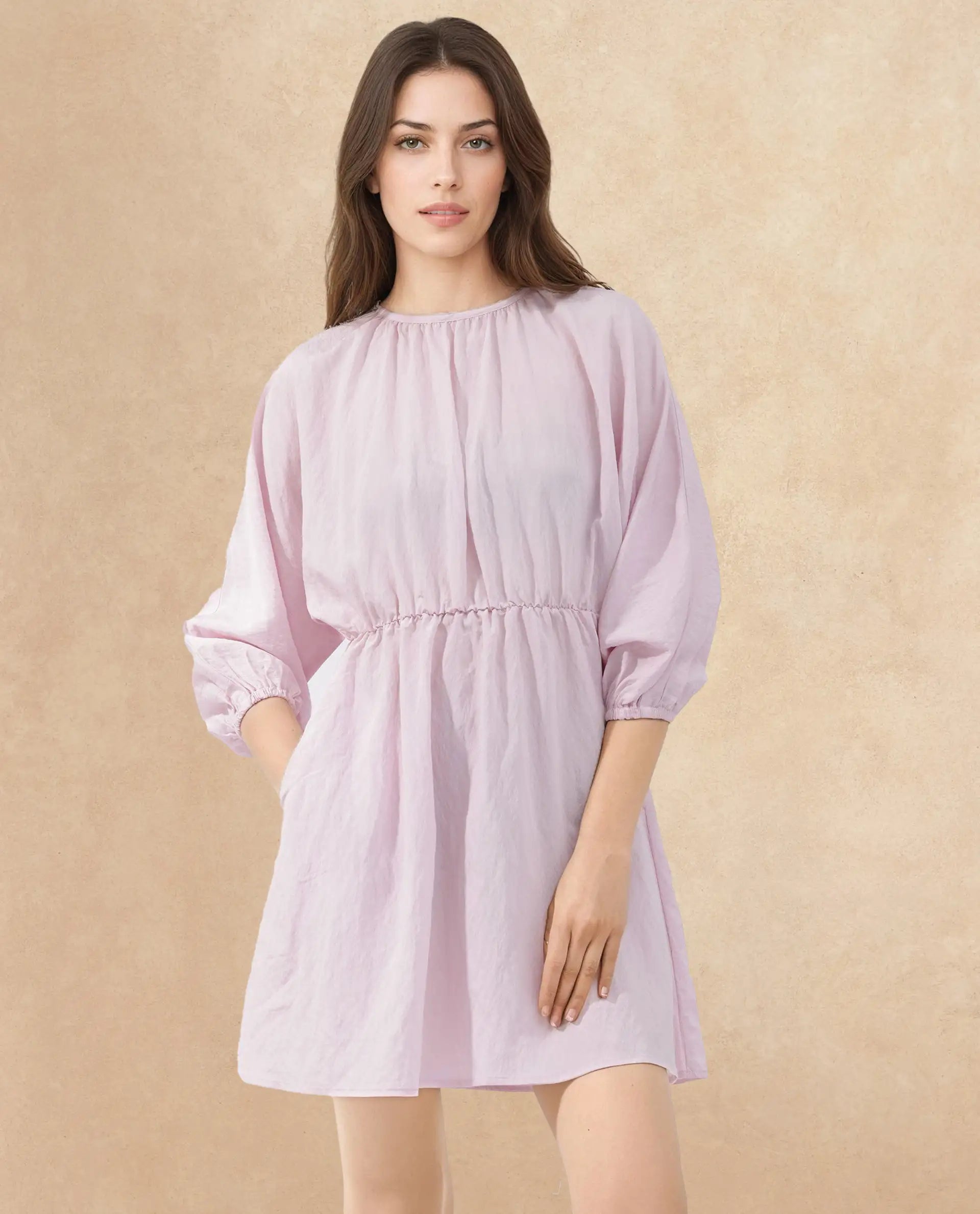 Rareism Women Callahan Pastel Purple Rayon Nylon Fabric Regular Sleeves Round Neck Solid Regular Length Dress