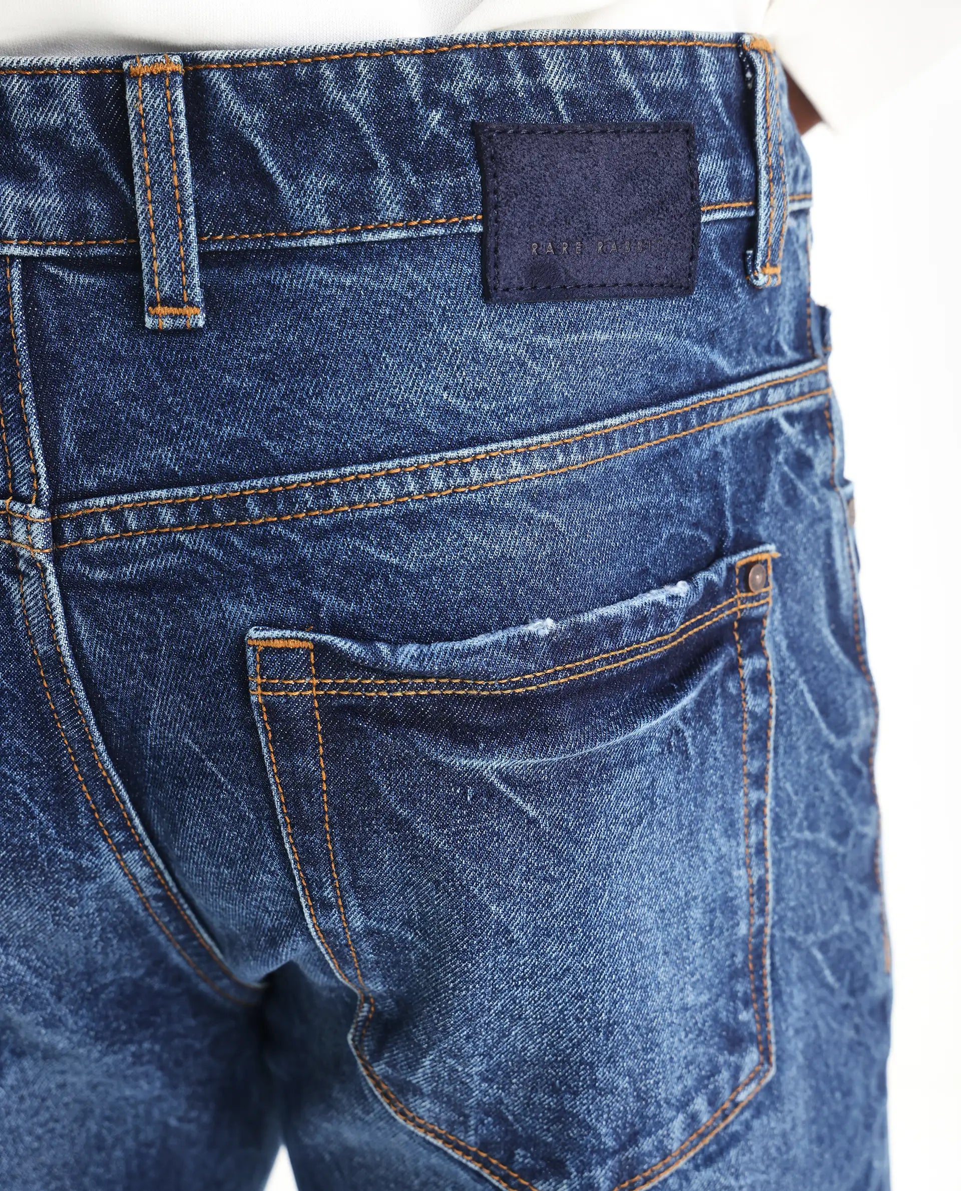 Rare Rabbit Mens Callip Blue Cotton Mid Wash Regular Fit Jeans