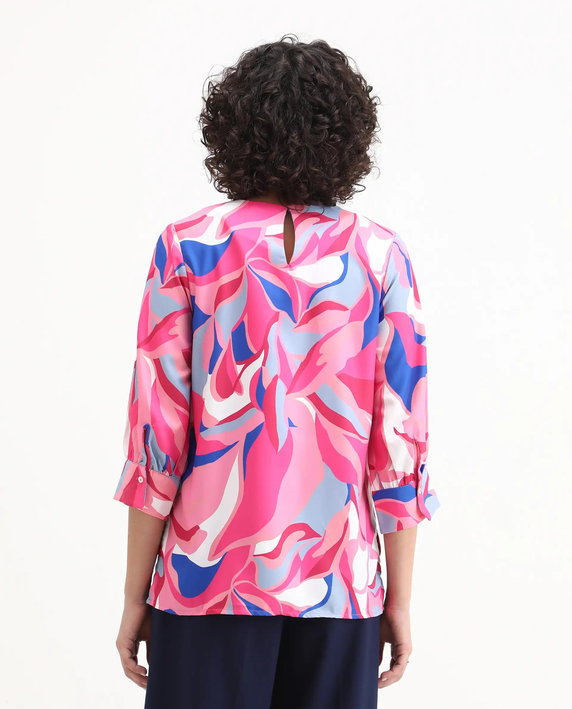 Rareism Women's Callisto Multi Mandarin Collar Abstract Print Cuffed Sleeve Regular Fit Top