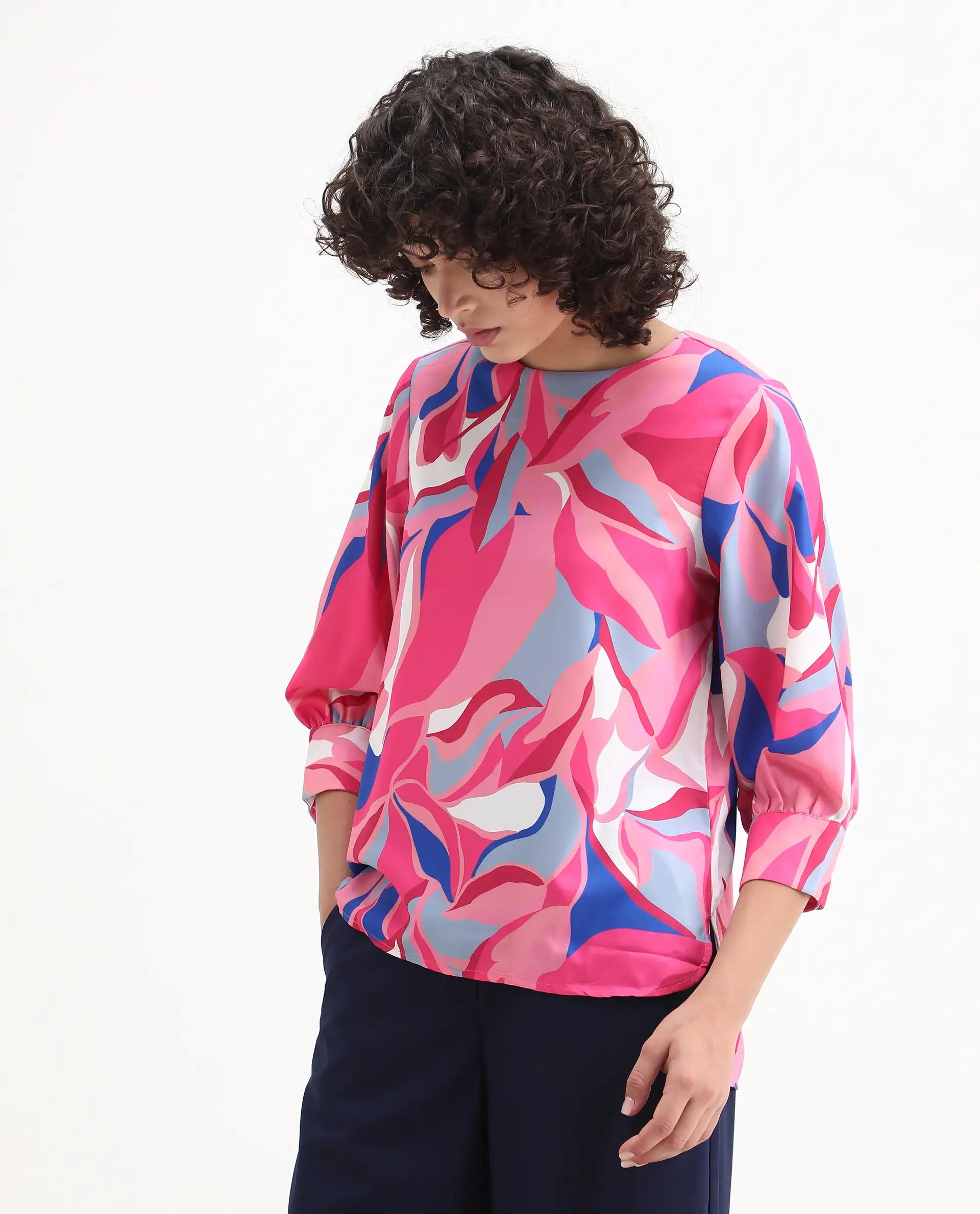 Rareism Women's Callisto Multi Mandarin Collar Abstract Print Cuffed Sleeve Regular Fit Top