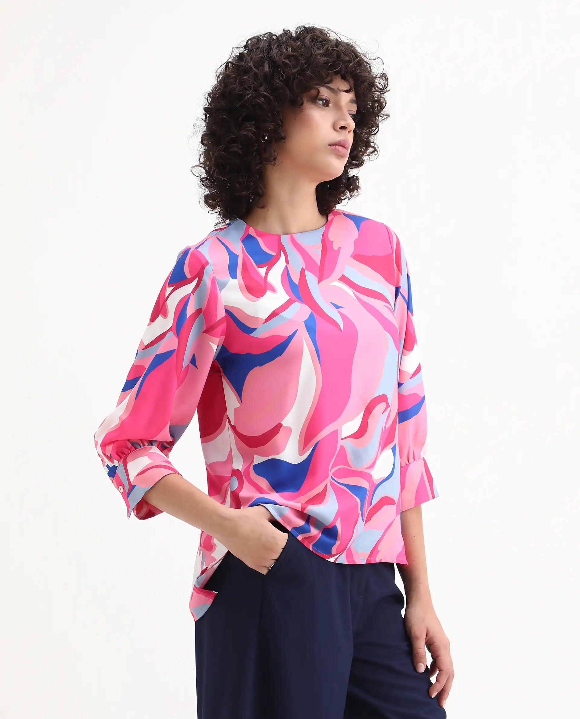 Rareism Women's Callisto Multi Mandarin Collar Abstract Print Cuffed Sleeve Regular Fit Top