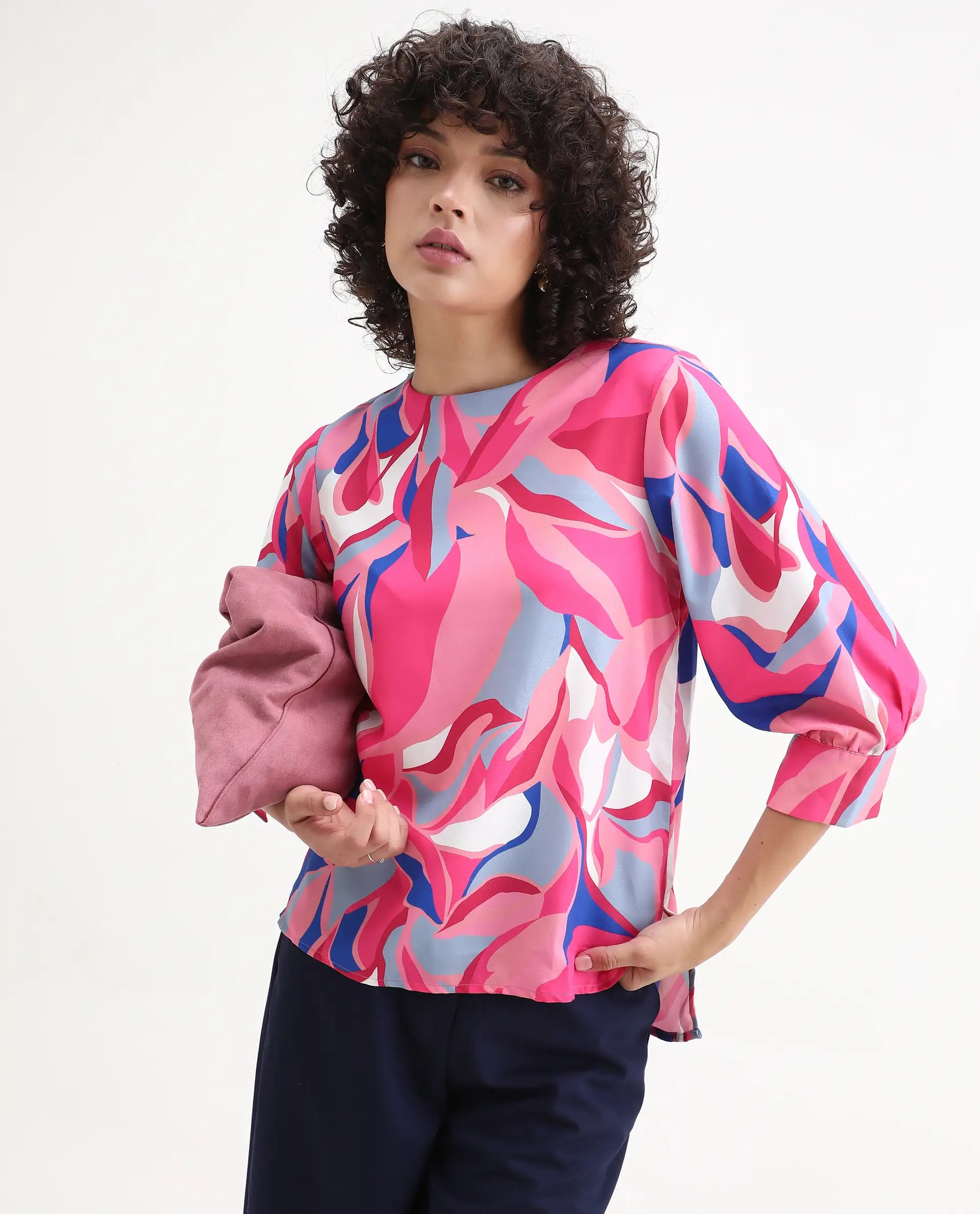 Rareism Women's Callisto Multi Mandarin Collar Abstract Print Cuffed Sleeve Regular Fit Top