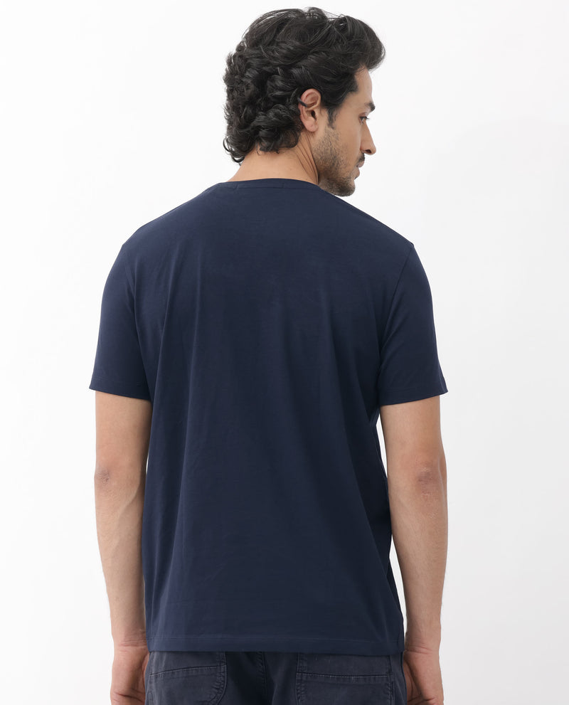 Rare Rabbit Men's Callum Navy Cotton Lycra Fabric Half Sleeves Graphic Statement Print T-Shirt