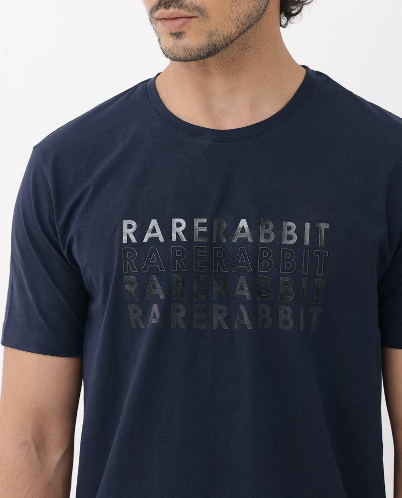Rare Rabbit Men's Callum Navy Cotton Lycra Fabric Half Sleeves Graphic Statement Print T-Shirt