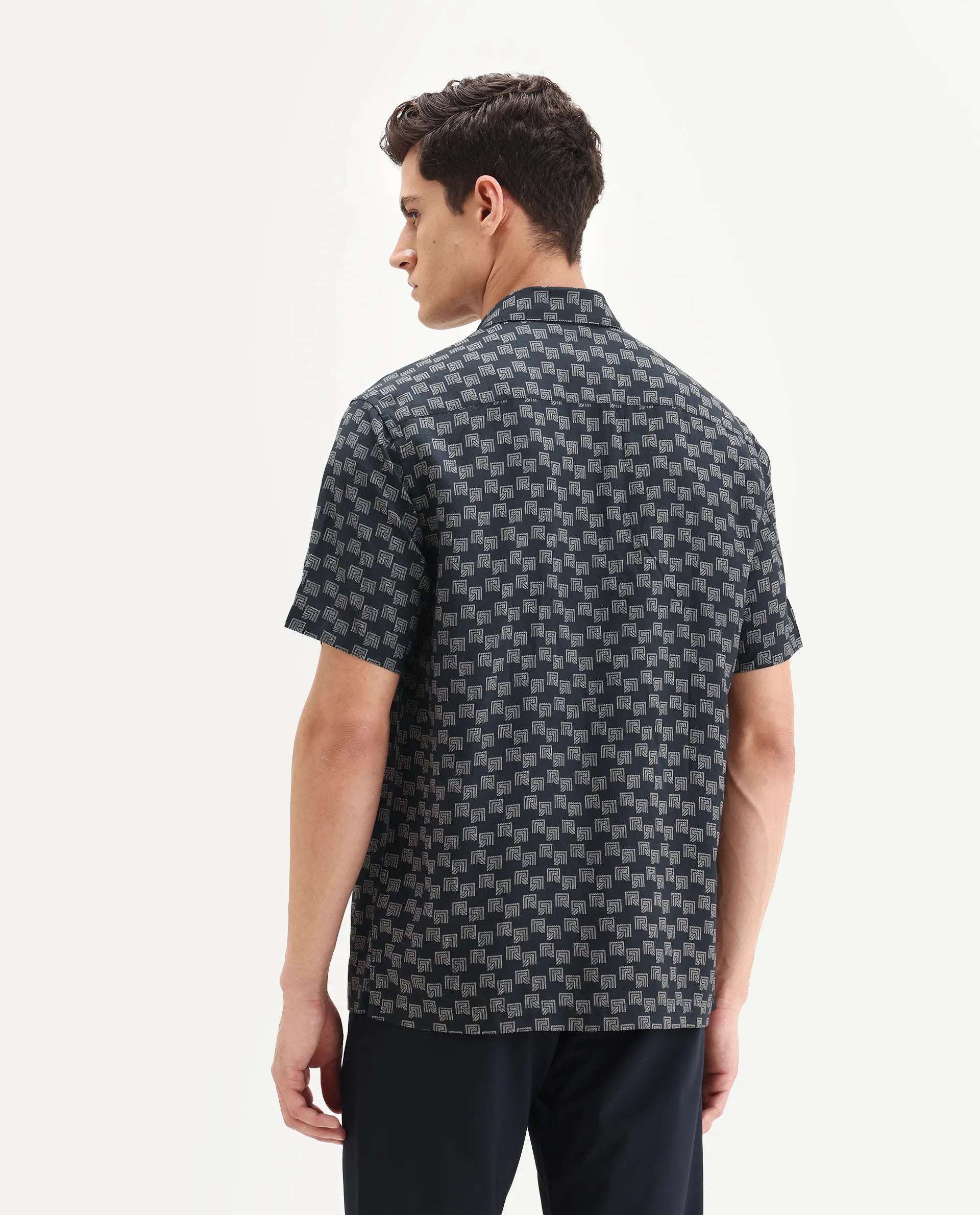 Rare Rabbit Men's Calo-25 Navy Viscose Blend Monogram Print Boxy Fit Half Sleeve Collared Shirt