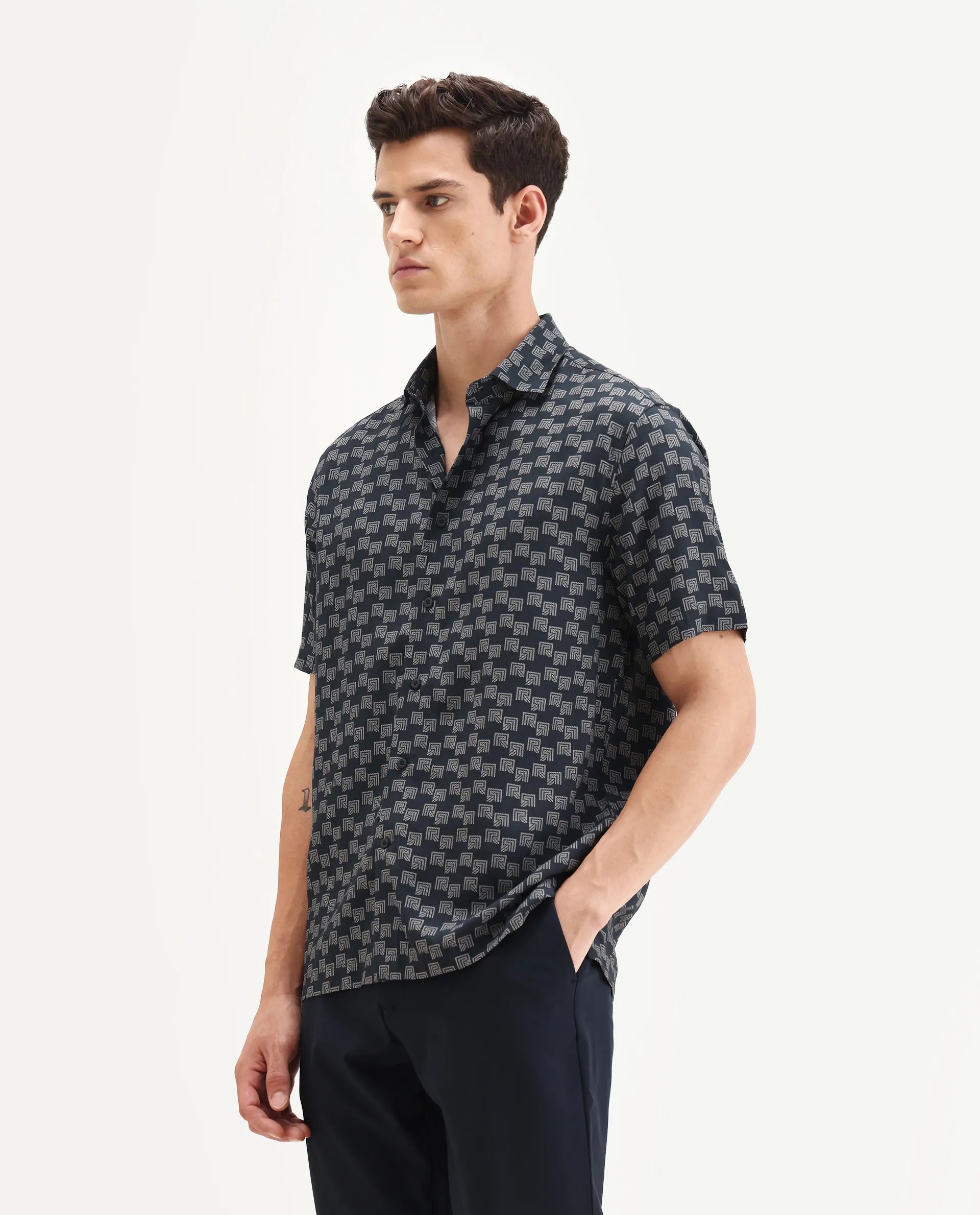 Rare Rabbit Men's Calo-25 Navy Viscose Blend Monogram Print Boxy Fit Half Sleeve Collared Shirt