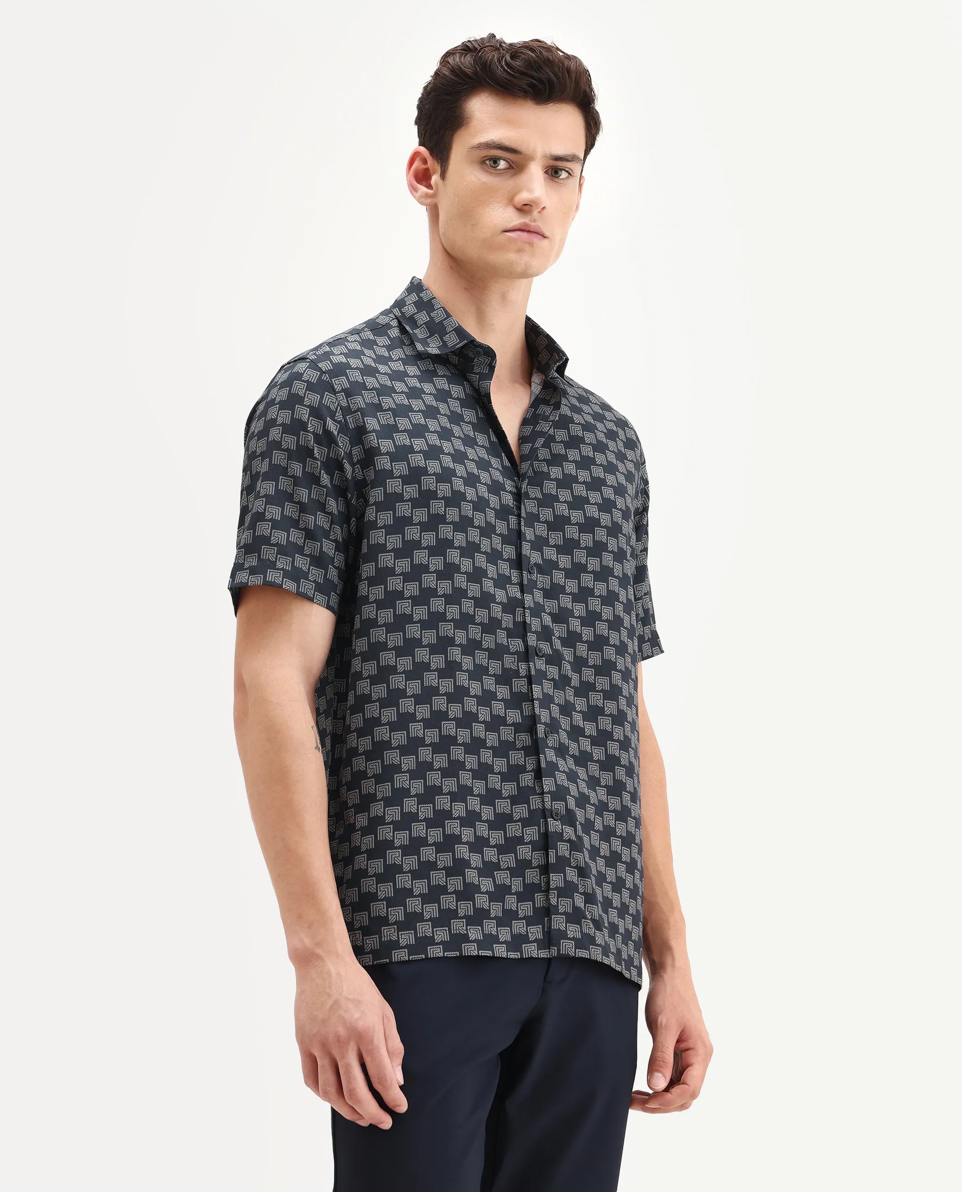 Rare Rabbit Men's Calo-25 Navy Viscose Blend Monogram Print Boxy Fit Half Sleeve Collared Shirt