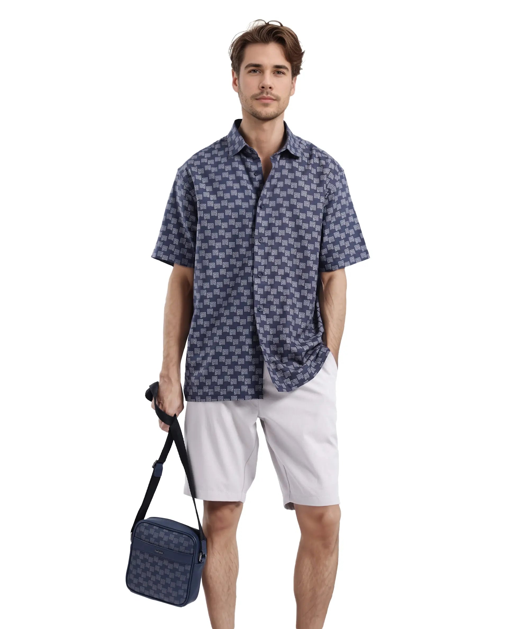 Rare Rabbit Men Calo Navy Short Sleeve Regular Collar Button Closure Boxy Fit Monogram Print Shirt