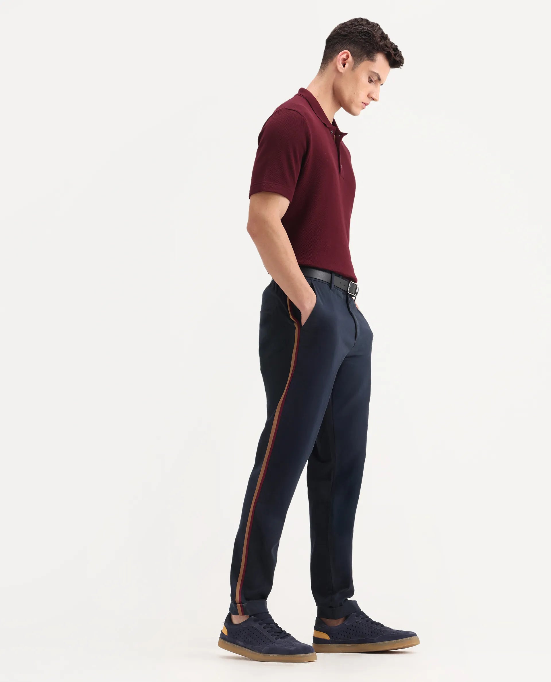 Rare Rabbit Men's Caloon Navy Cotton Blend Plain Regular Fit Trouser