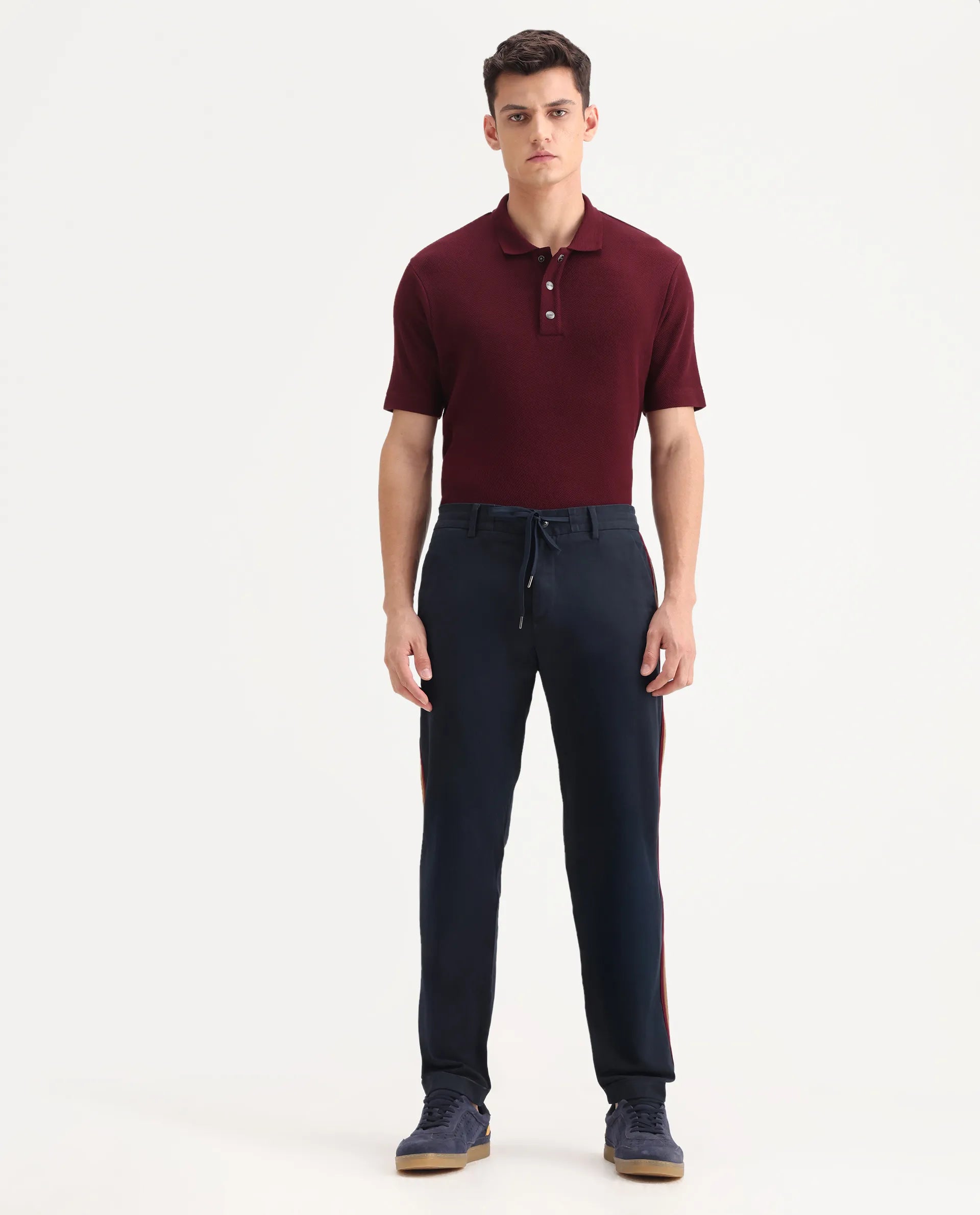 Rare Rabbit Men's Caloon Navy Cotton Blend Plain Regular Fit Trouser