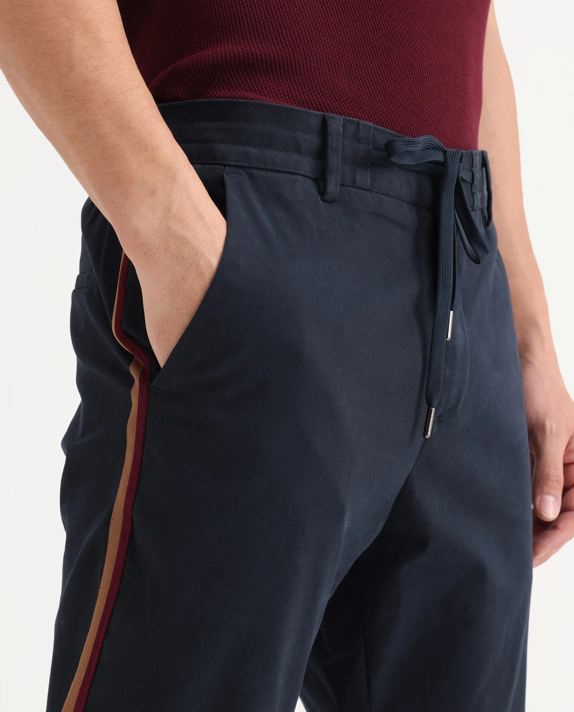 Rare Rabbit Men's Caloon Navy Cotton Blend Plain Regular Fit Trouser