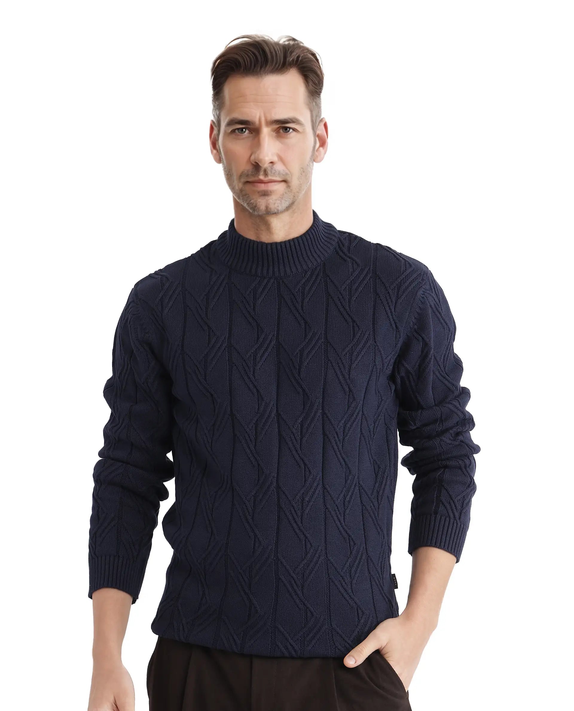 Rare Rabbit Men's Caloz Navy Cotton Fabric Full Sleeve High Neck Regular Fit Cable Knit Sweater
