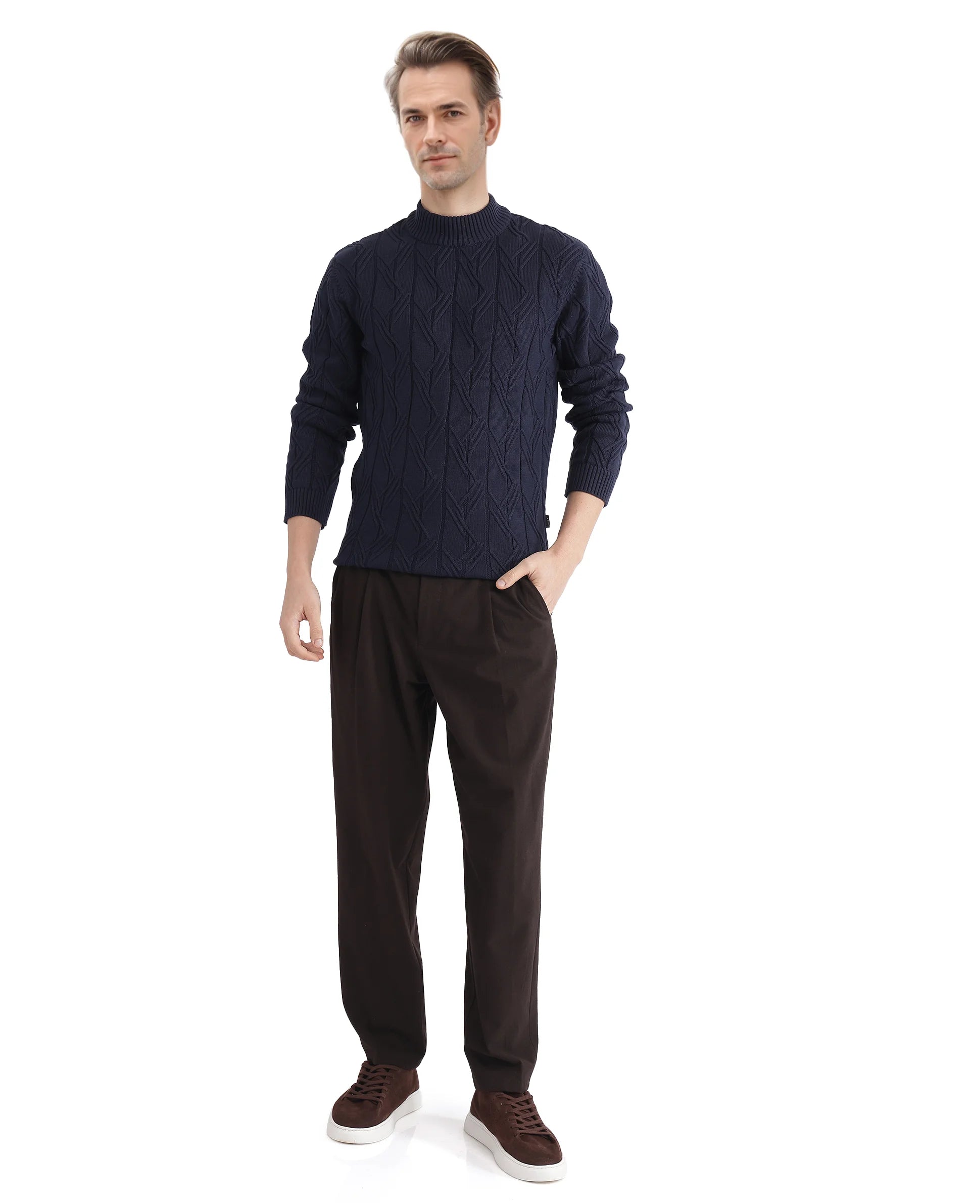 Rare Rabbit Men's Caloz Navy Cotton Fabric Full Sleeve High Neck Regular Fit Cable Knit Sweater