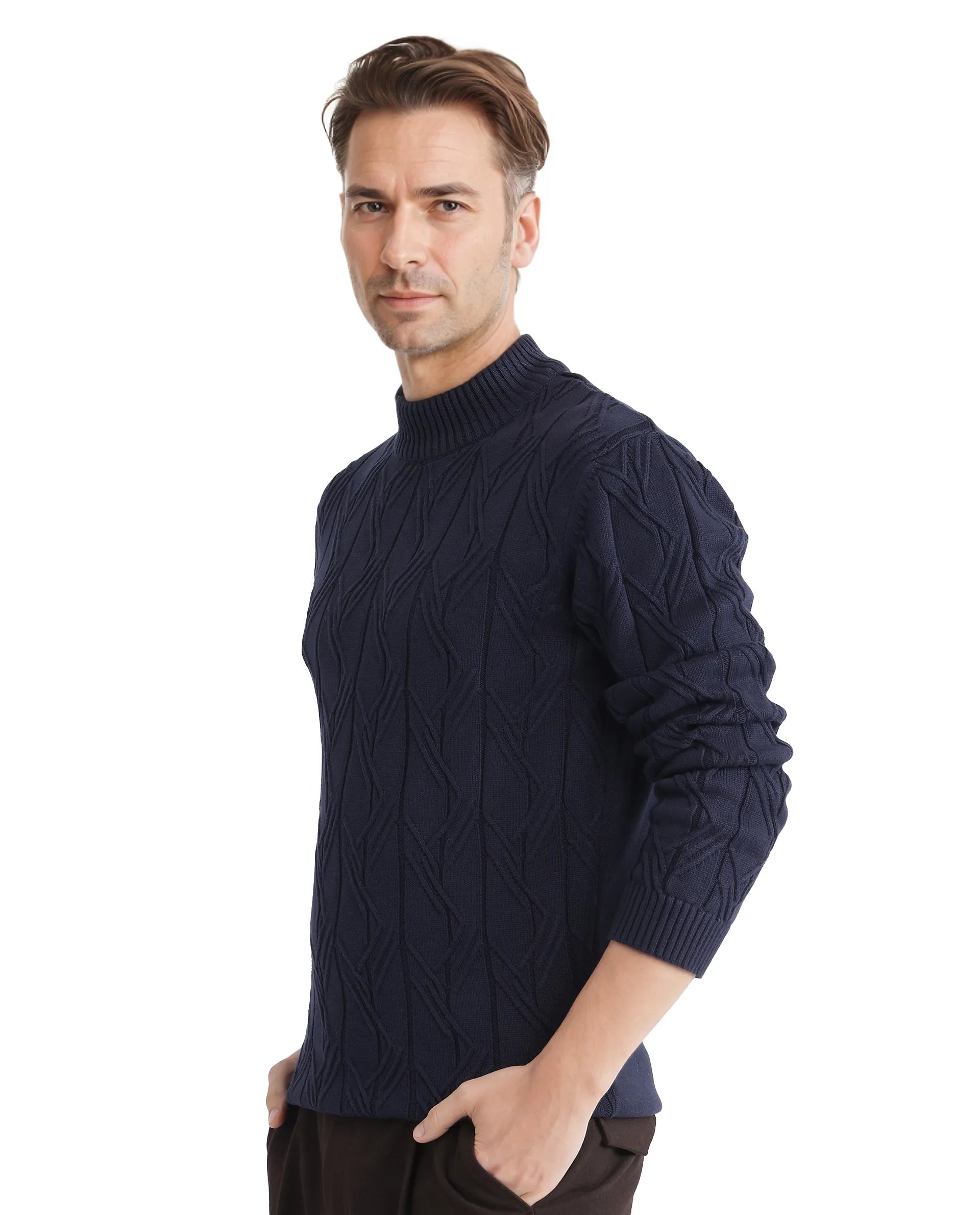 Rare Rabbit Men's Caloz Navy Cotton Fabric Full Sleeve High Neck Regular Fit Cable Knit Sweater