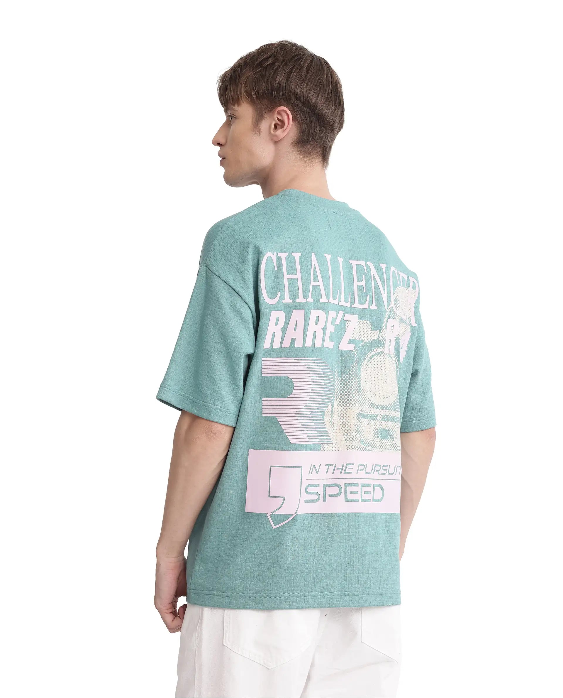 Rare Rabbit Men Calro Dusky Green Cotton Poly Fabric Short Sleeve Crew Neck Oversized Fit Graphic Typography Print T-Shirt