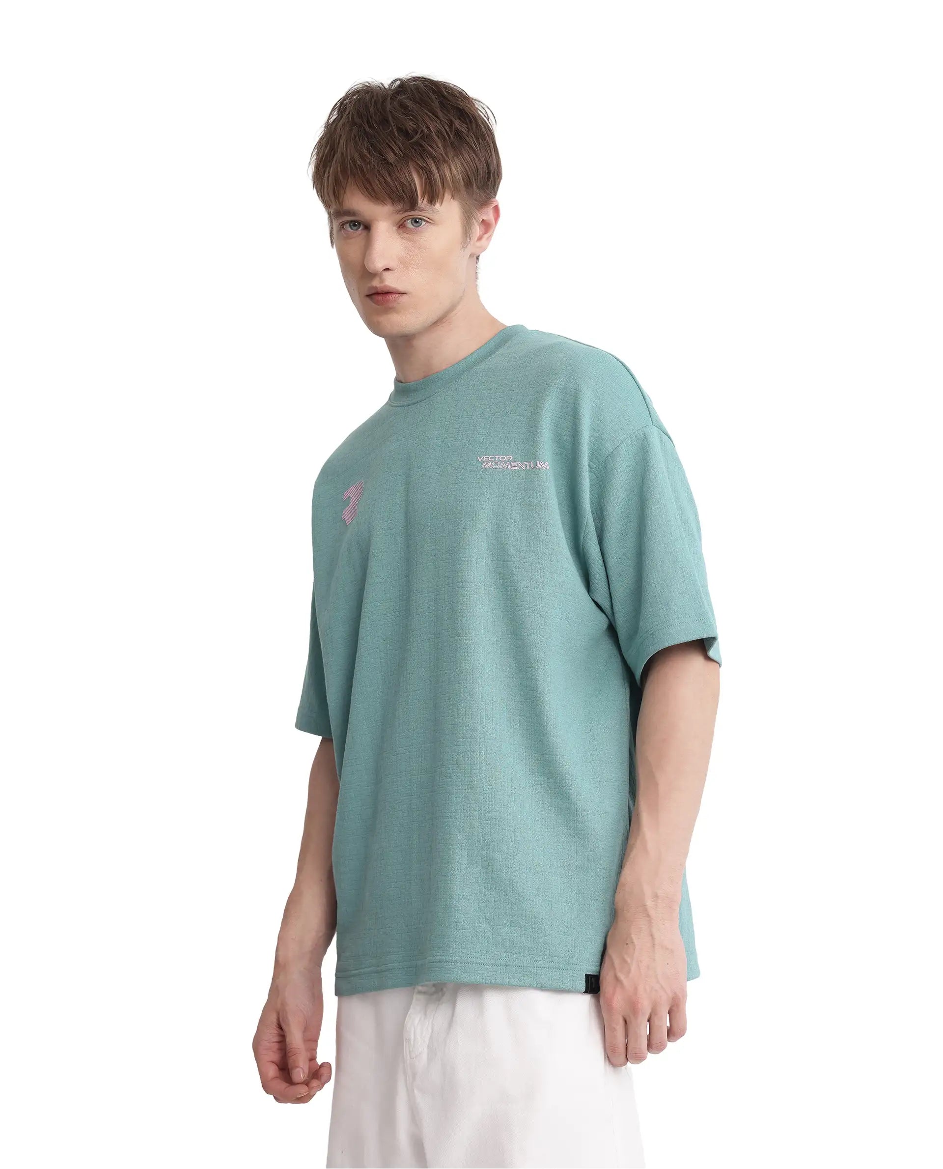 Rare Rabbit Men Calro Dusky Green Cotton Poly Fabric Short Sleeve Crew Neck Oversized Fit Graphic Typography Print T-Shirt