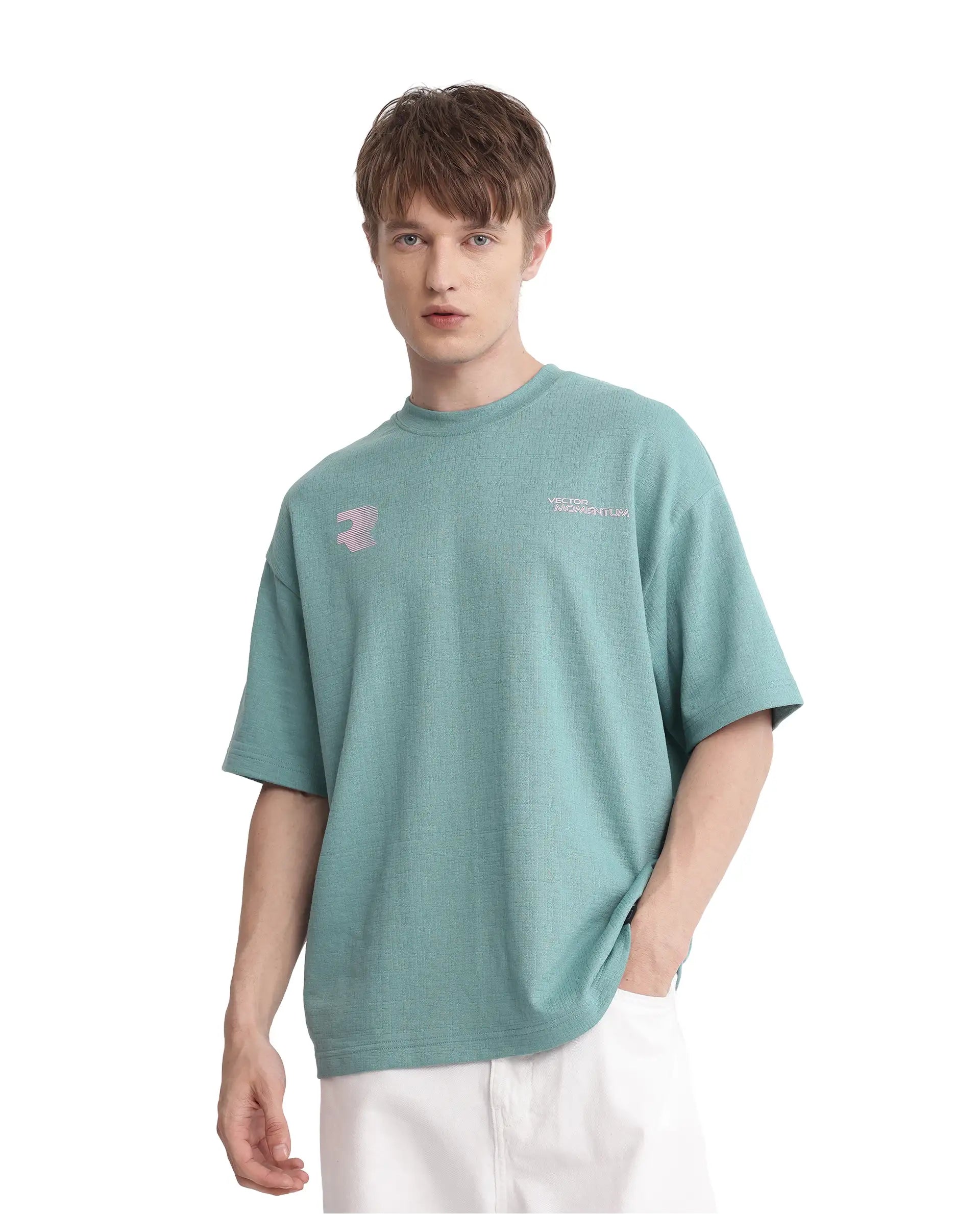 Rare Rabbit Men Calro Dusky Green Cotton Poly Fabric Short Sleeve Crew Neck Oversized Fit Graphic Typography Print T-Shirt