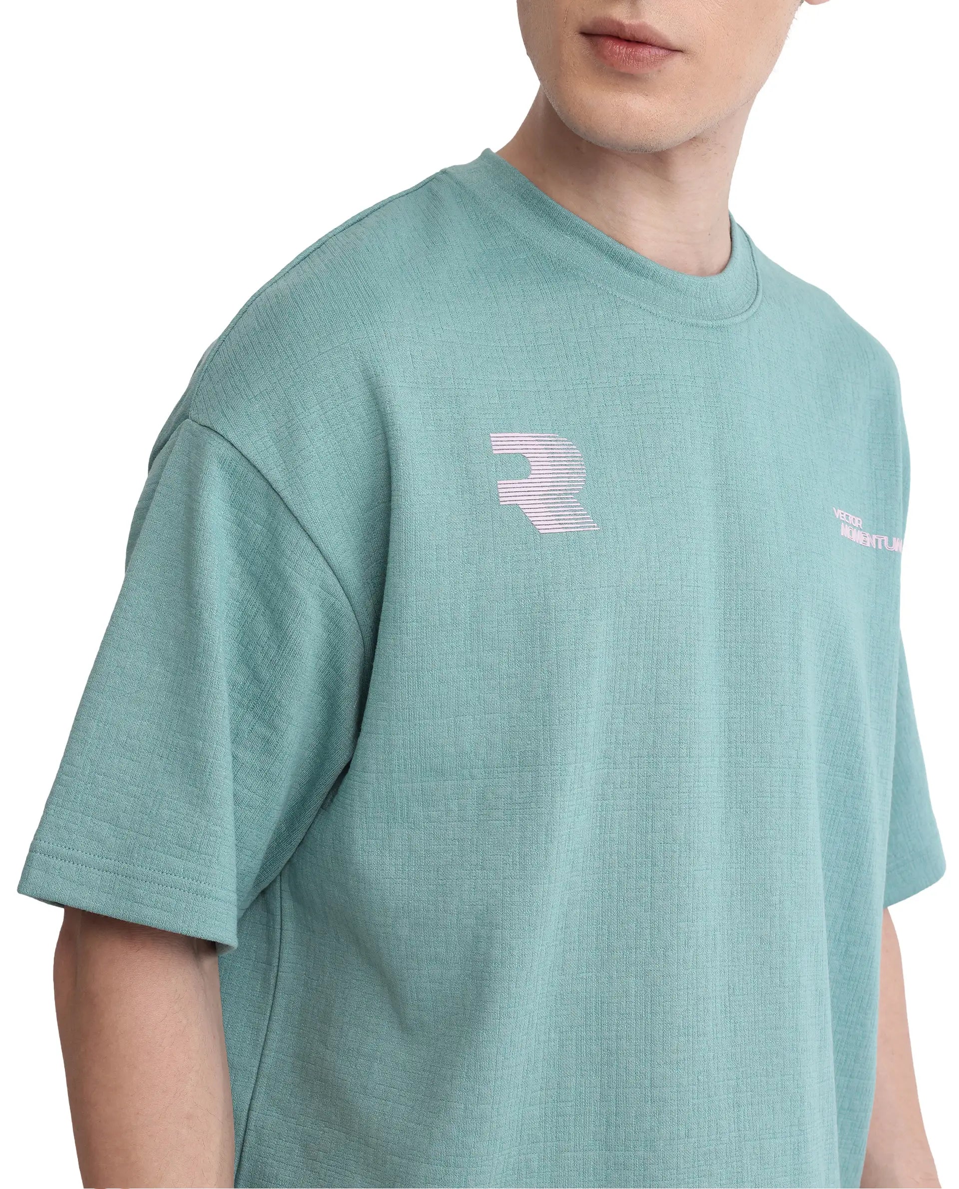 Rare Rabbit Men Calro Dusky Green Cotton Poly Fabric Short Sleeve Crew Neck Oversized Fit Graphic Typography Print T-Shirt