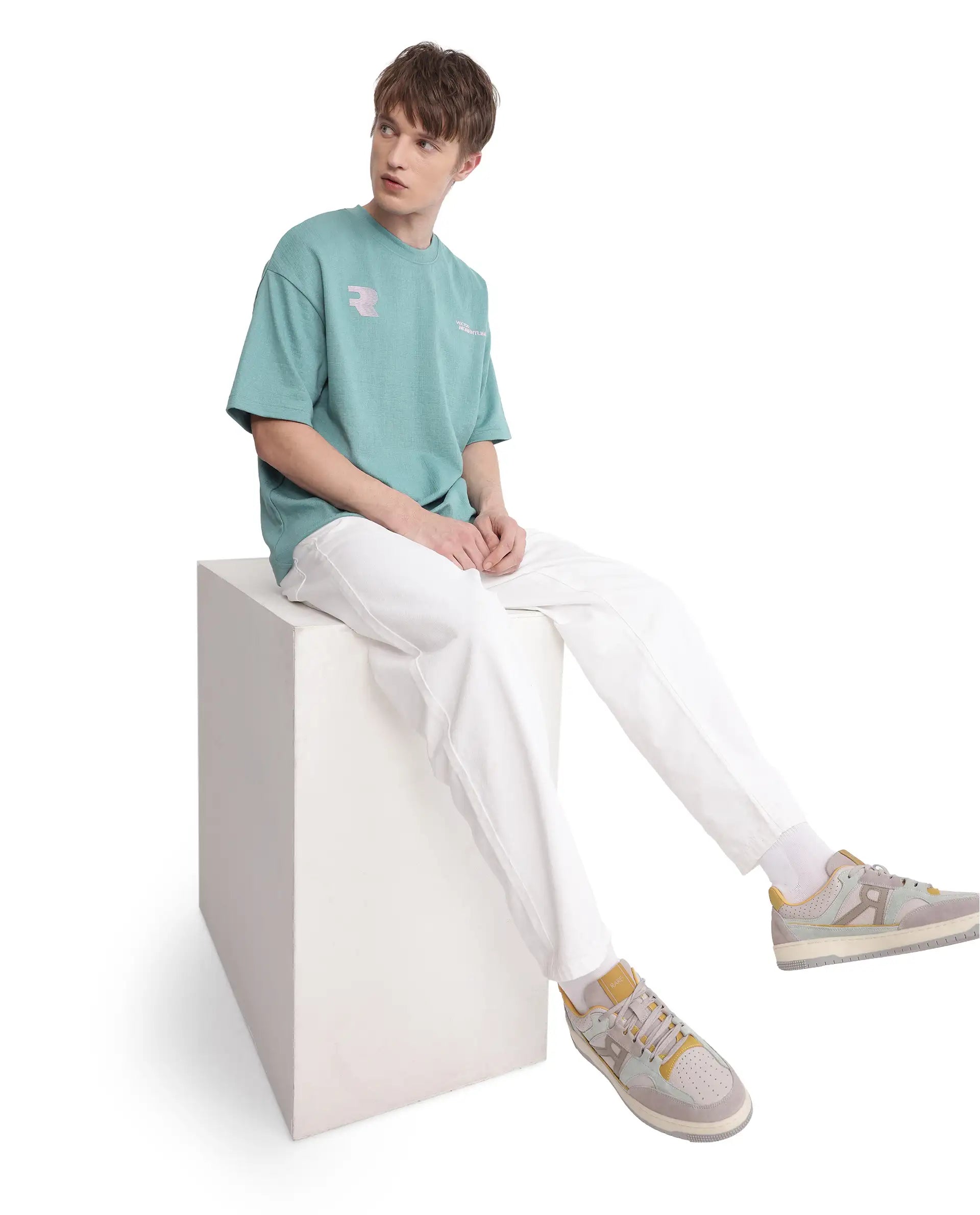 Rare Rabbit Men Calro Dusky Green Cotton Poly Fabric Short Sleeve Crew Neck Oversized Fit Graphic Typography Print T-Shirt