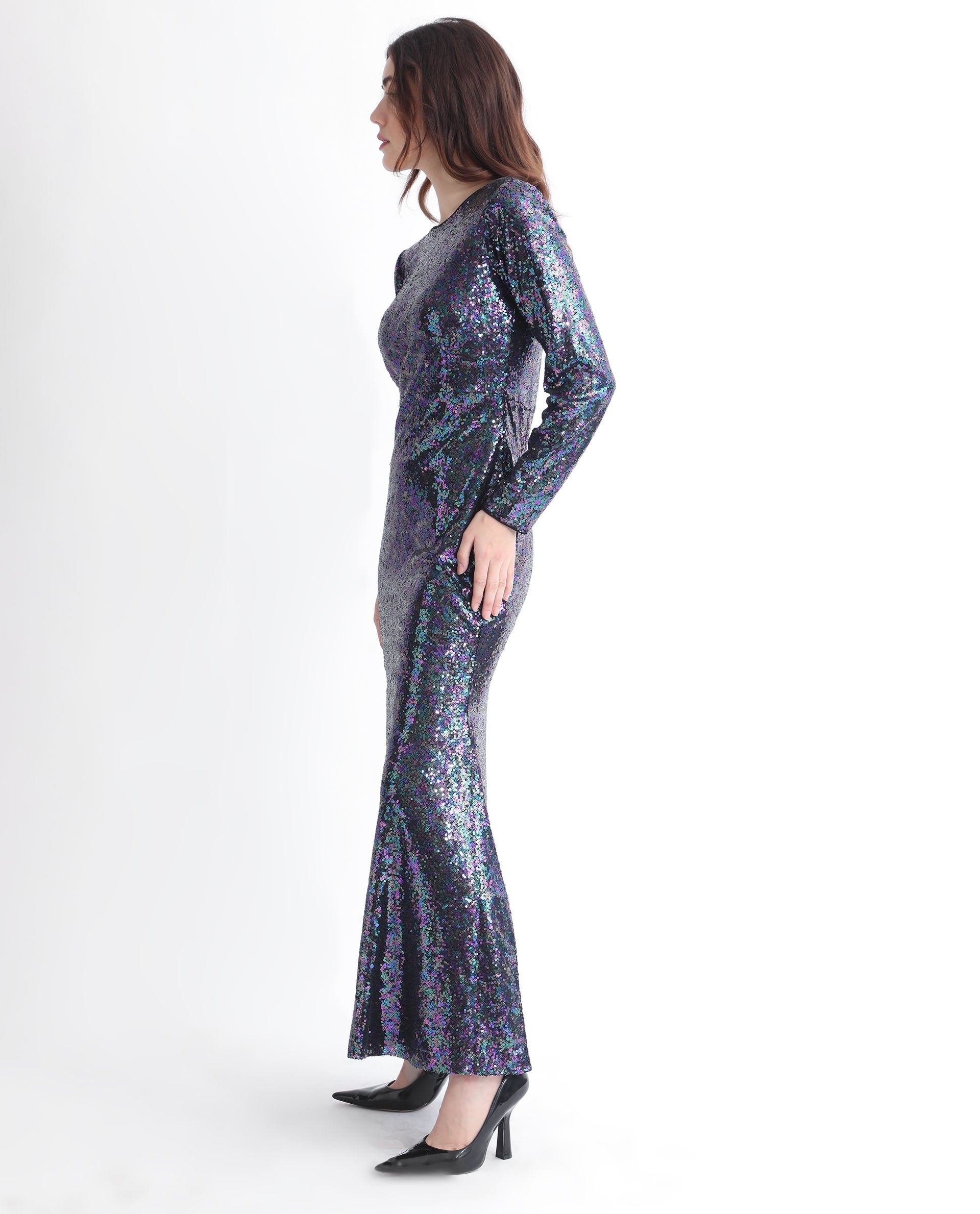 Rareism Women's Caltese Sheen Blue Polyester Boat Neck Sequined Maxi Regular Fit Dress