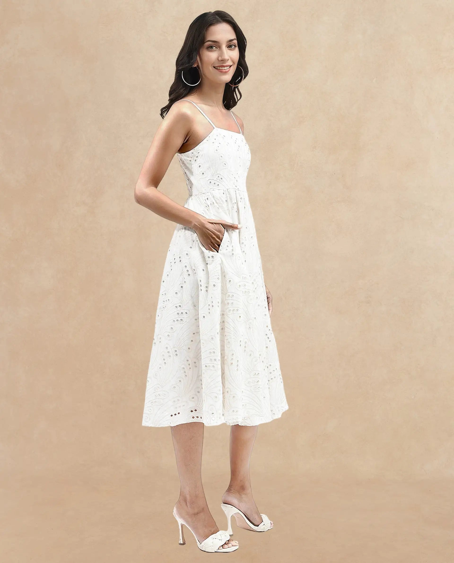 Rareism Women Calvert White Cotton Fabric Noodle Strap Off Shoulder Solid Longline Dress