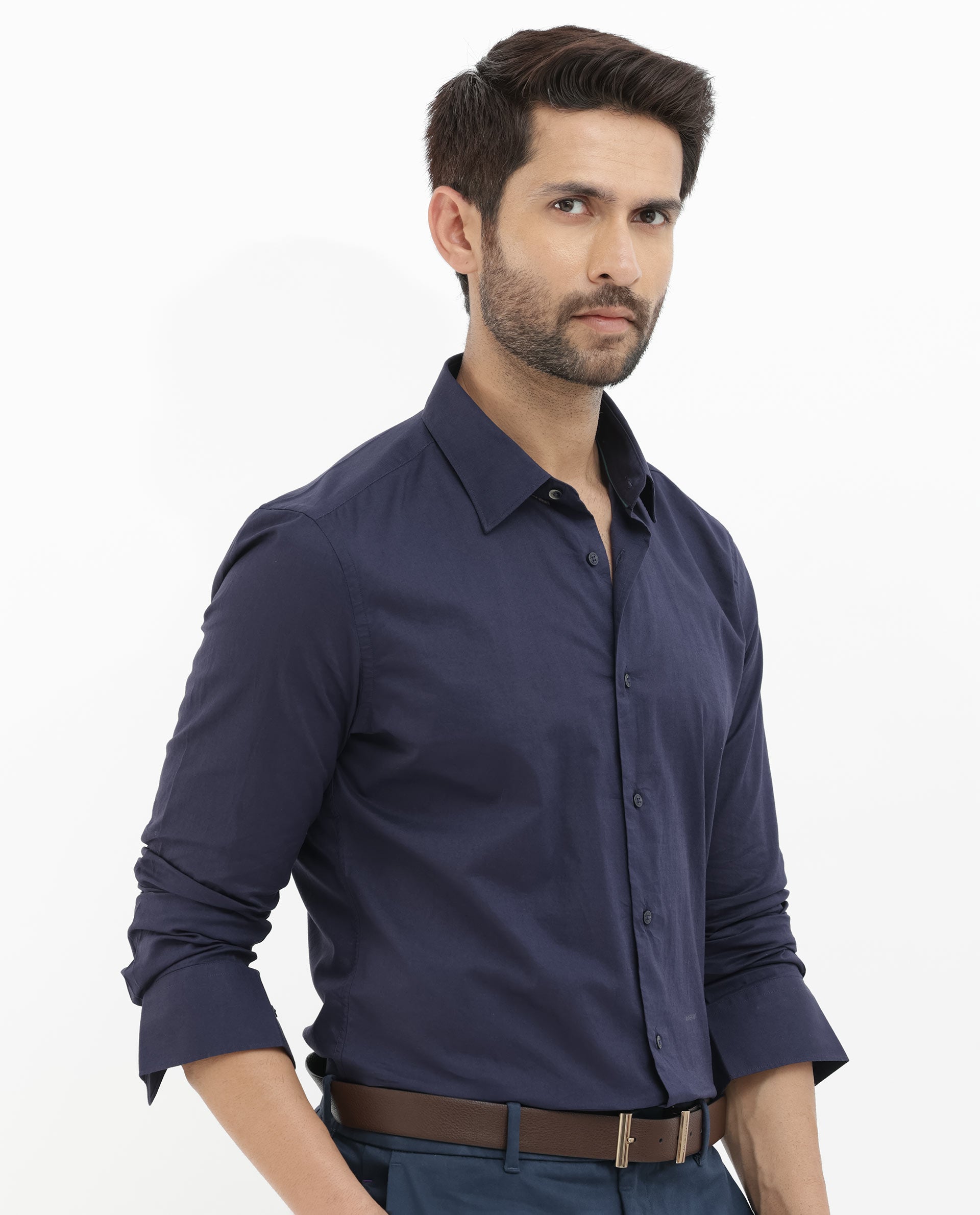 Rare Rabbit Mens Cambo Dark Purple Cambric Fabric Full Sleeve Solid Shirt