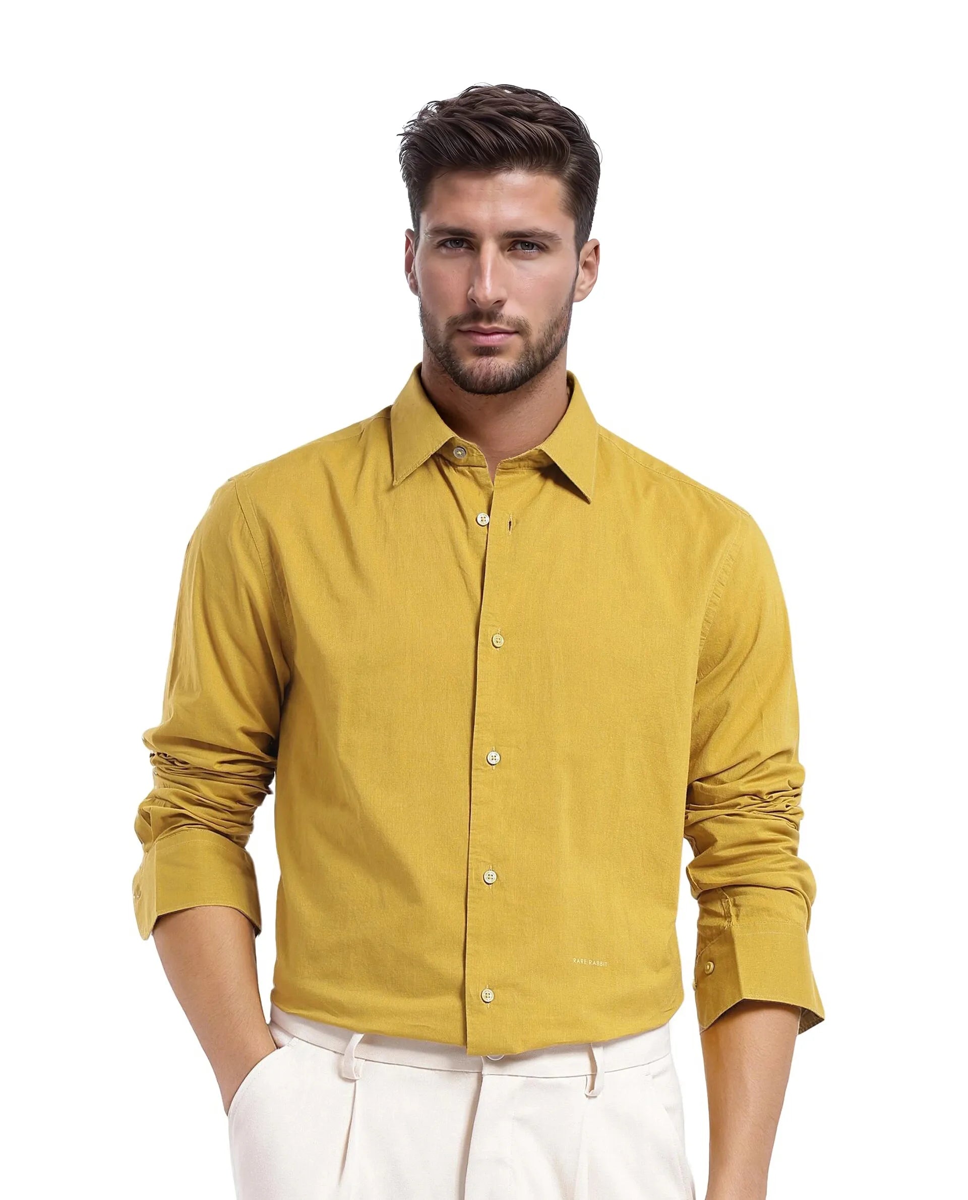 Rare Rabbit Men Cambo-1 Mustard Cotton Cambric Fabric Full Sleeves Collared Neck Button Closure Plain Shirt