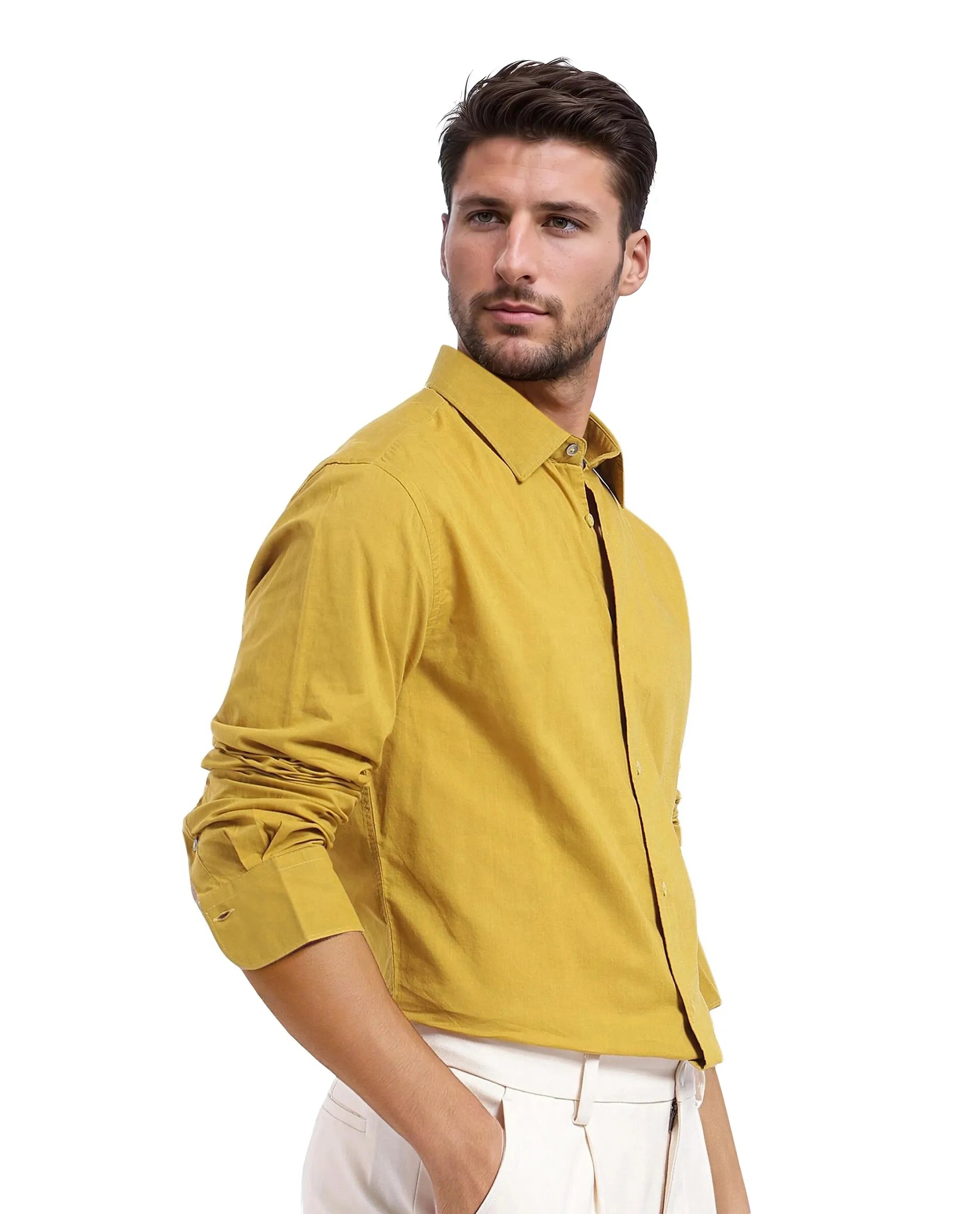 Rare Rabbit Men Cambo-1 Mustard Cotton Cambric Fabric Full Sleeves Collared Neck Button Closure Plain Shirt