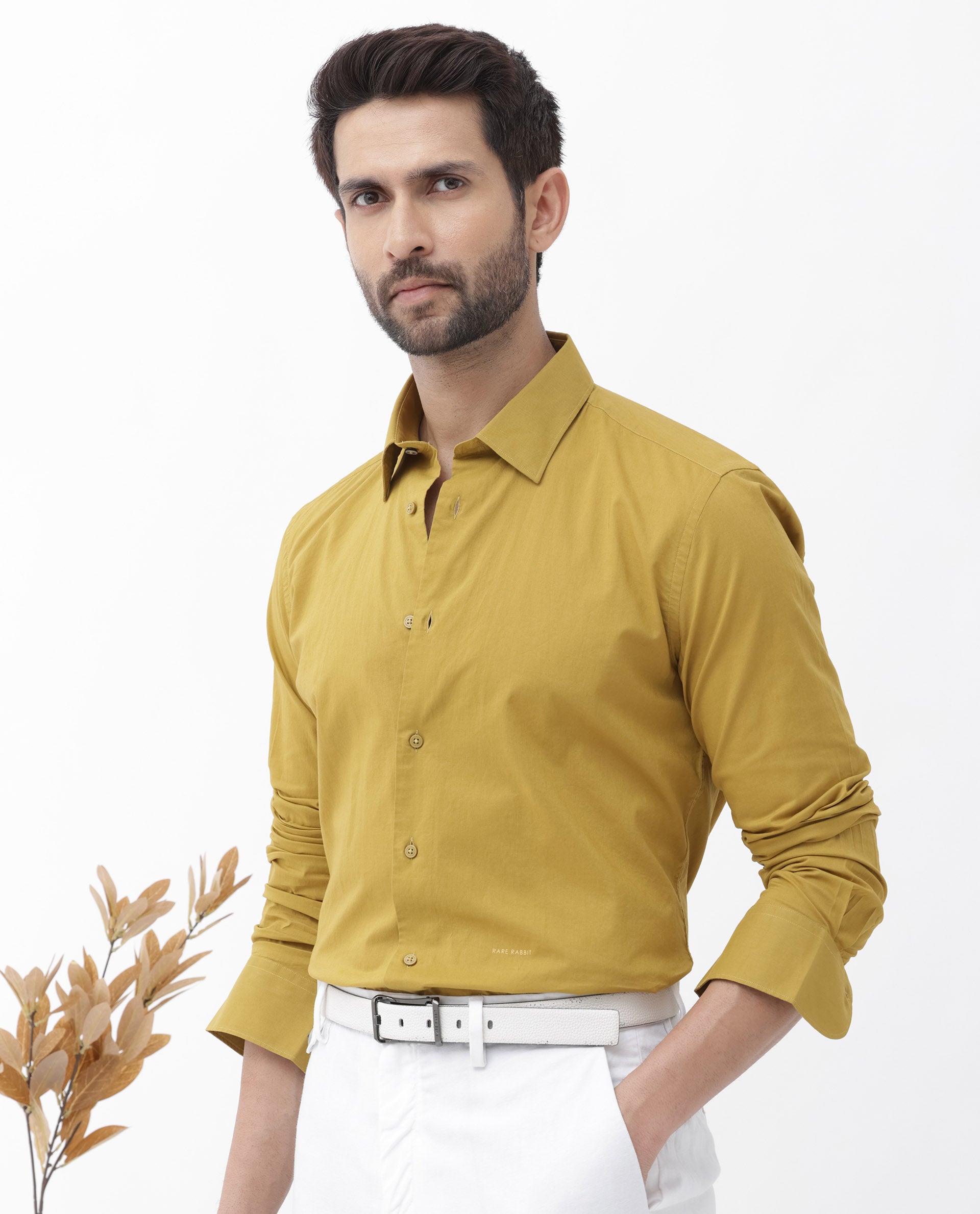 Rare Rabbit Mens Cambo Mustard Cambric Fabric Full Sleeve Solid Shirt