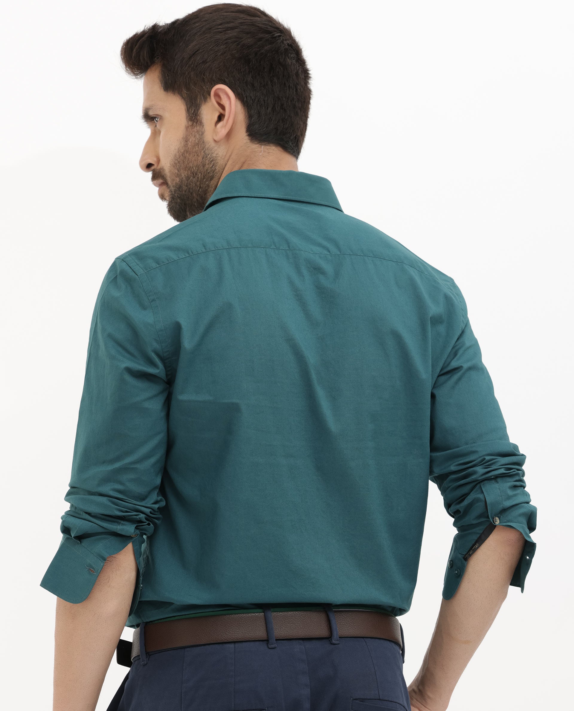 Rare Rabbit Mens Cambo Teal Cambric Fabric Full Sleeve Solid Shirt