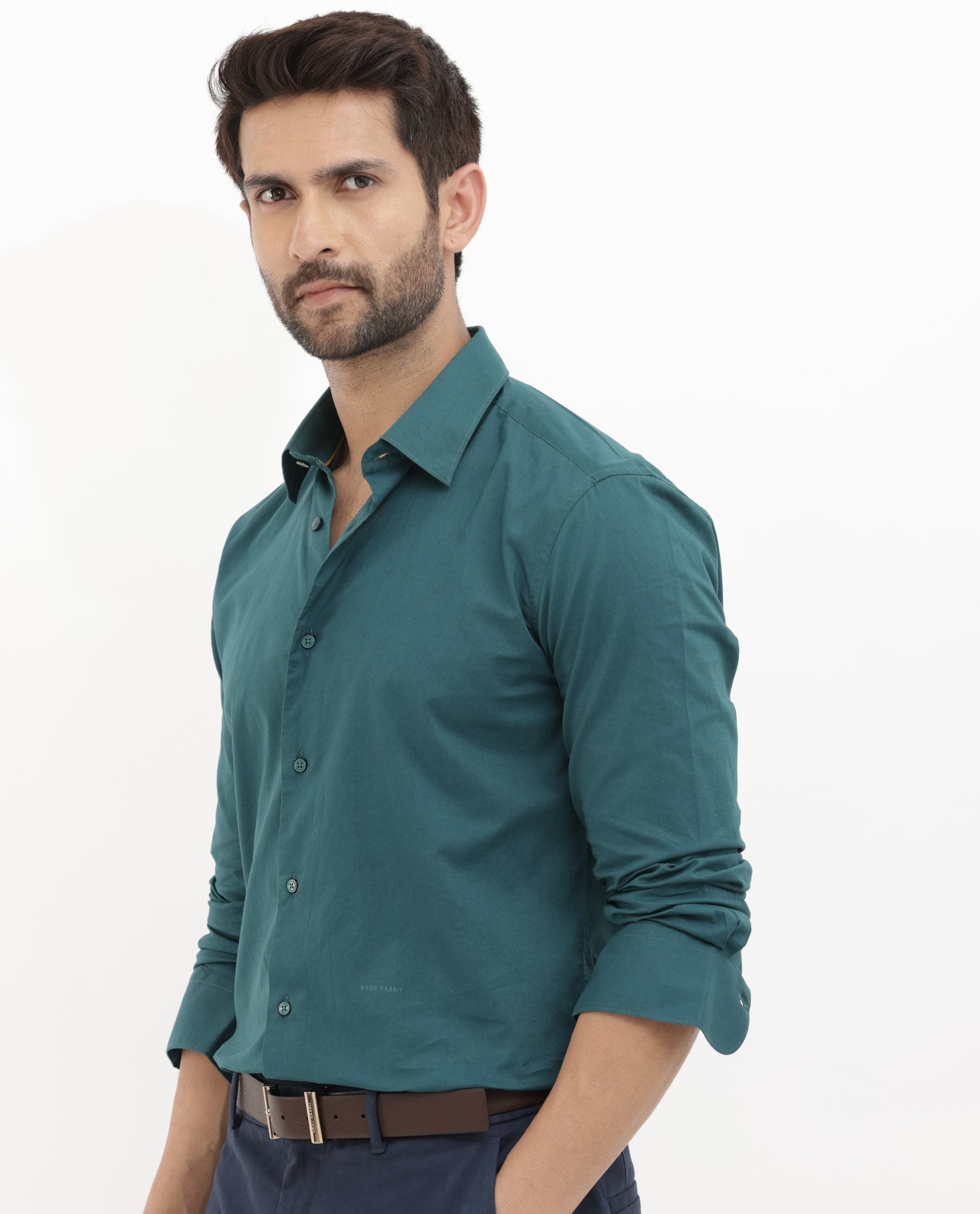 Rare Rabbit Mens Cambo Teal Cambric Fabric Full Sleeve Solid Shirt