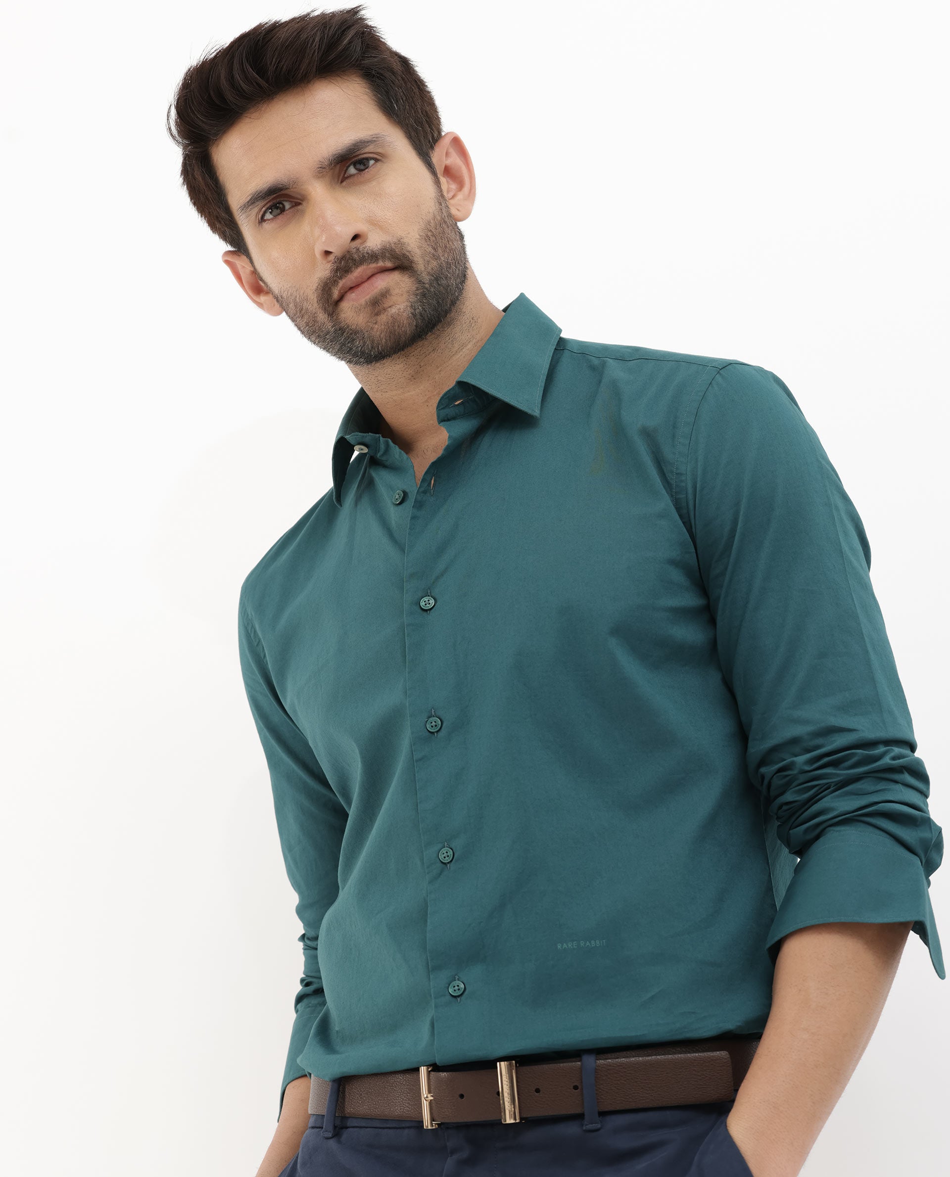 Rare Rabbit Mens Cambo Teal Cambric Fabric Full Sleeve Solid Shirt