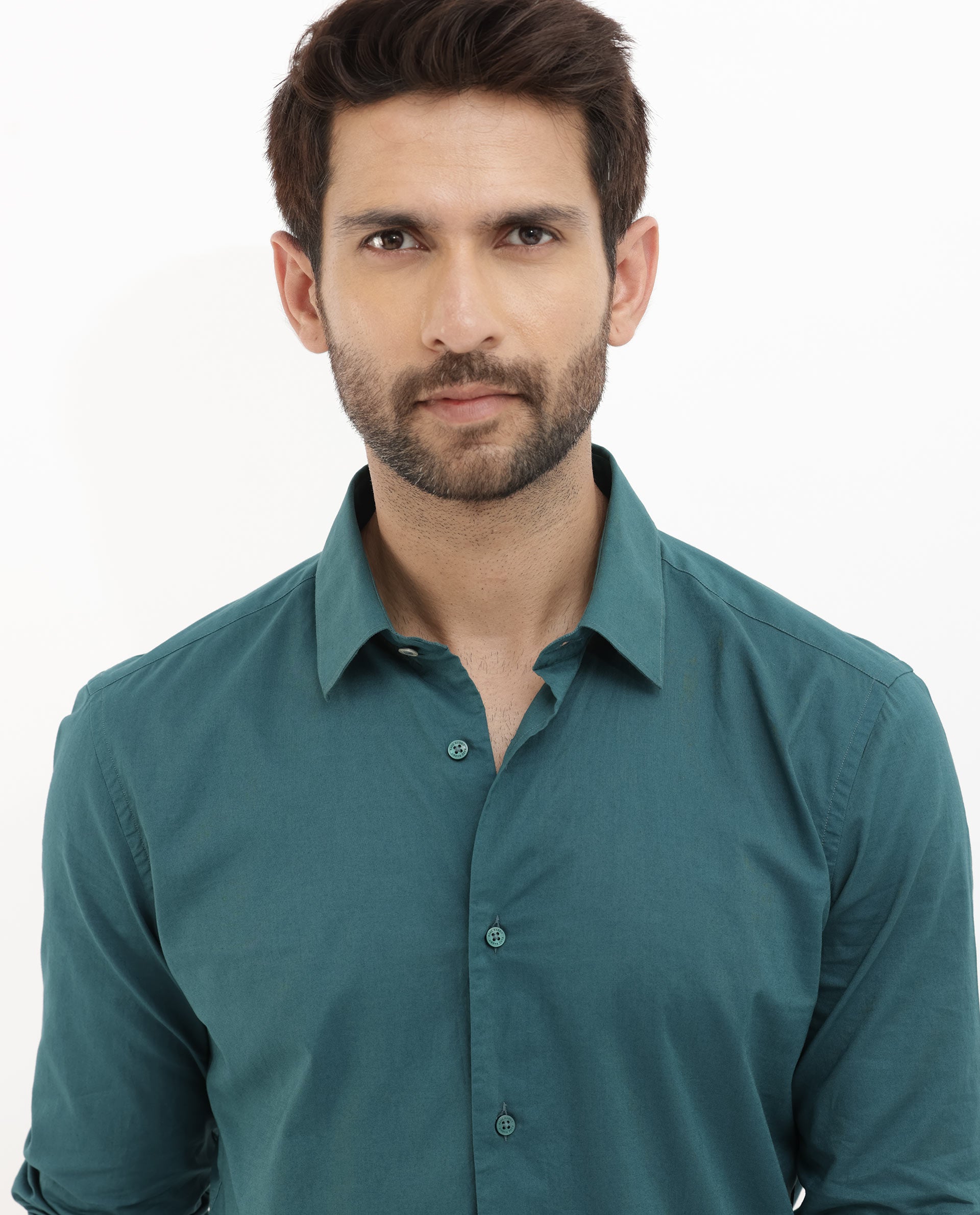 Rare Rabbit Mens Cambo Teal Cambric Fabric Full Sleeve Solid Shirt