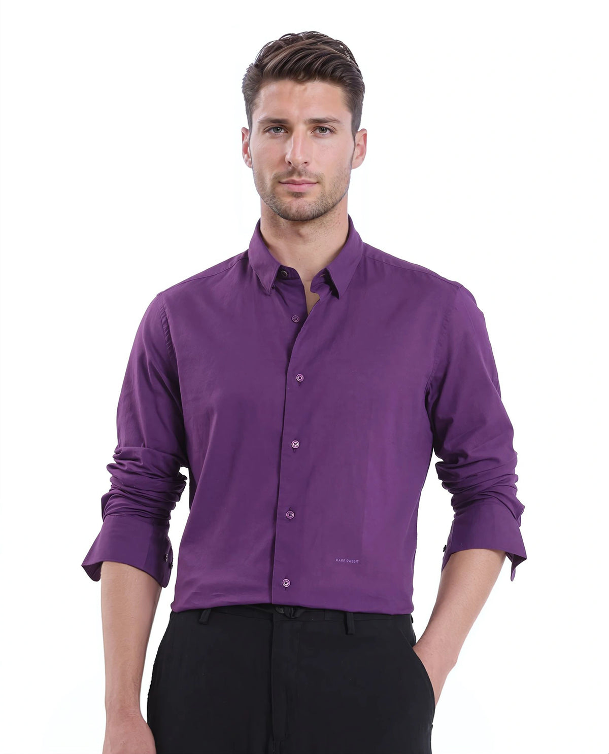 Rare Rabbit Men's Cambroc Dark Purple Cotton Fabric Full Sleeves Regular Fit Solid Shirt