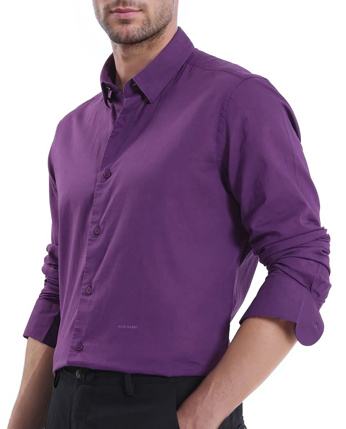 Rare Rabbit Men's Cambroc Dark Purple Cotton Fabric Full Sleeves Regular Fit Solid Shirt