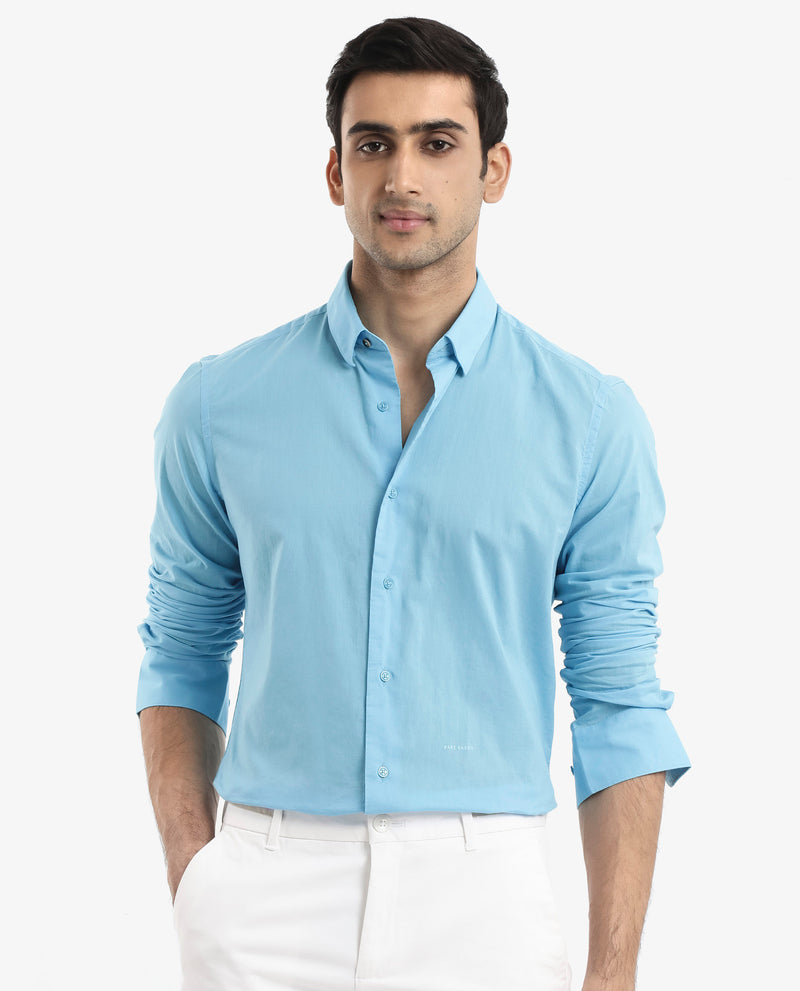 Rare Rabbit Men's Cambroc Light Blue Cotton Fabric Full Sleeves Regular Fit Solid Shirt